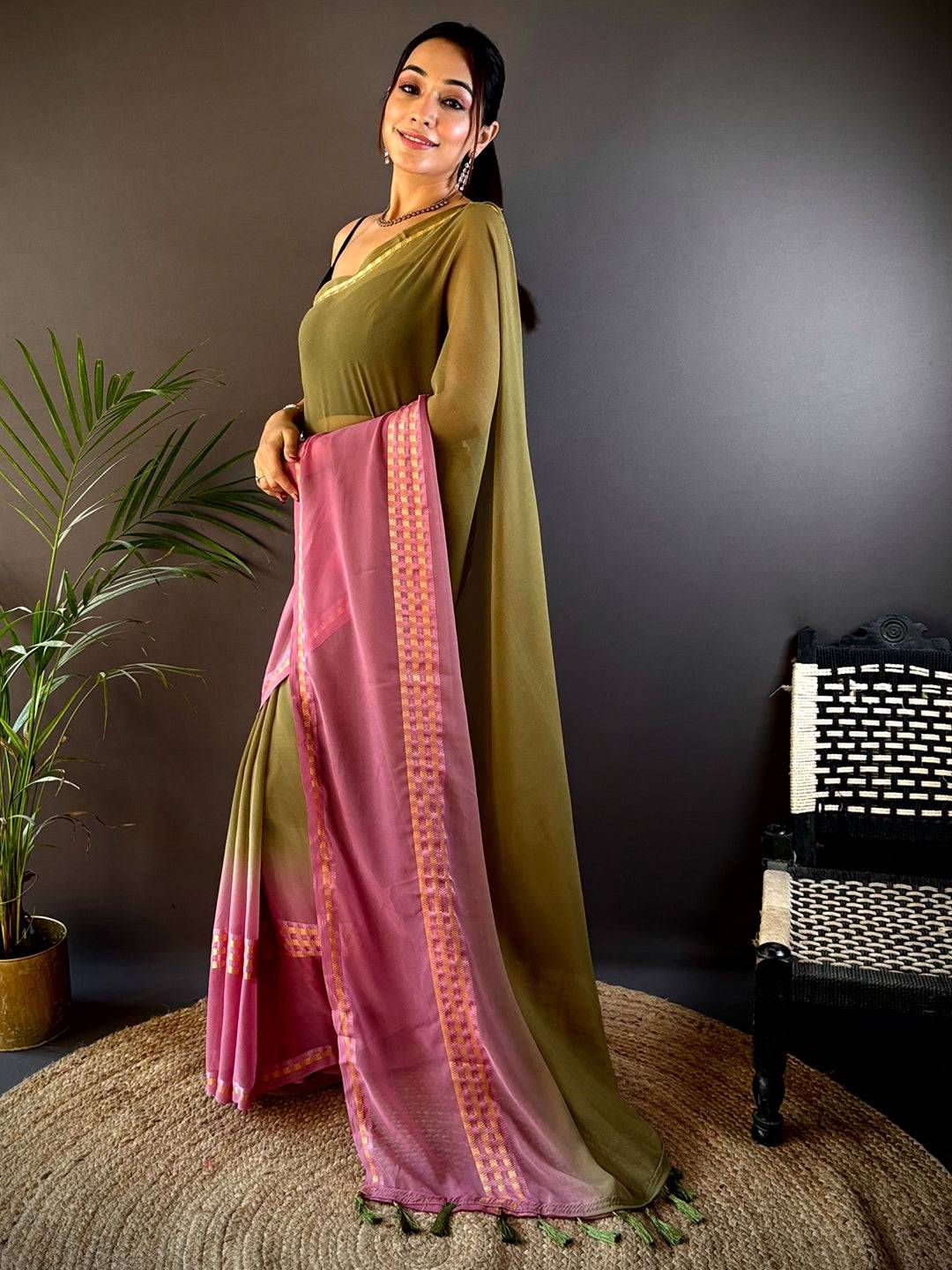 Olive Soft Georgette Concept Colour Saree by My Store