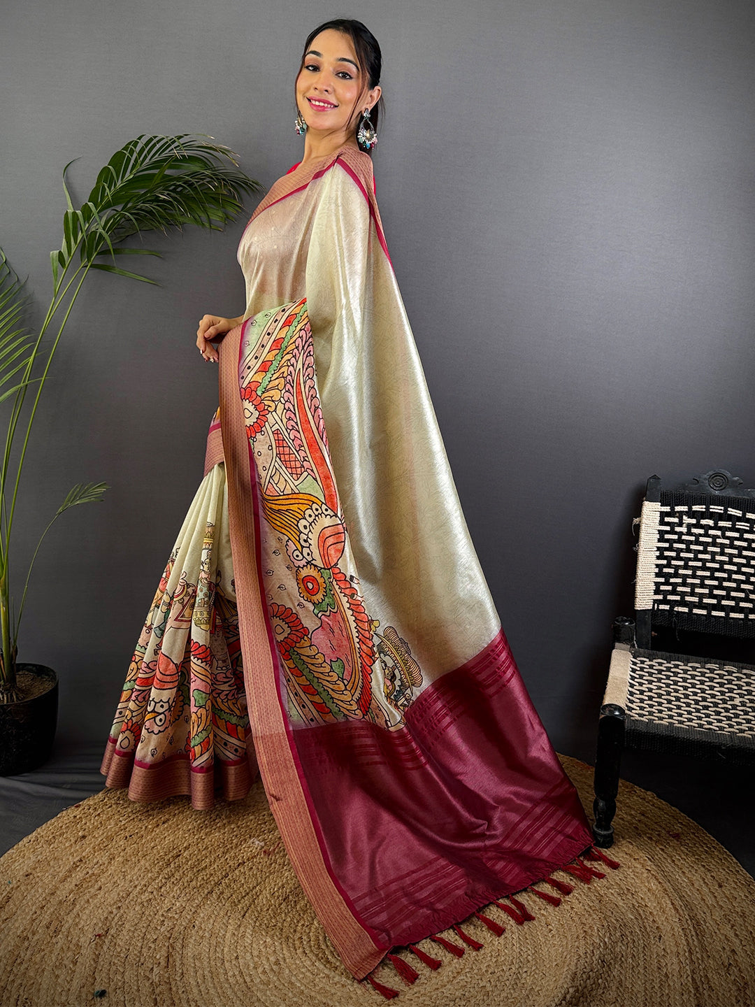 Pista Tussar Silk Kalamkari Print Saree by My Store