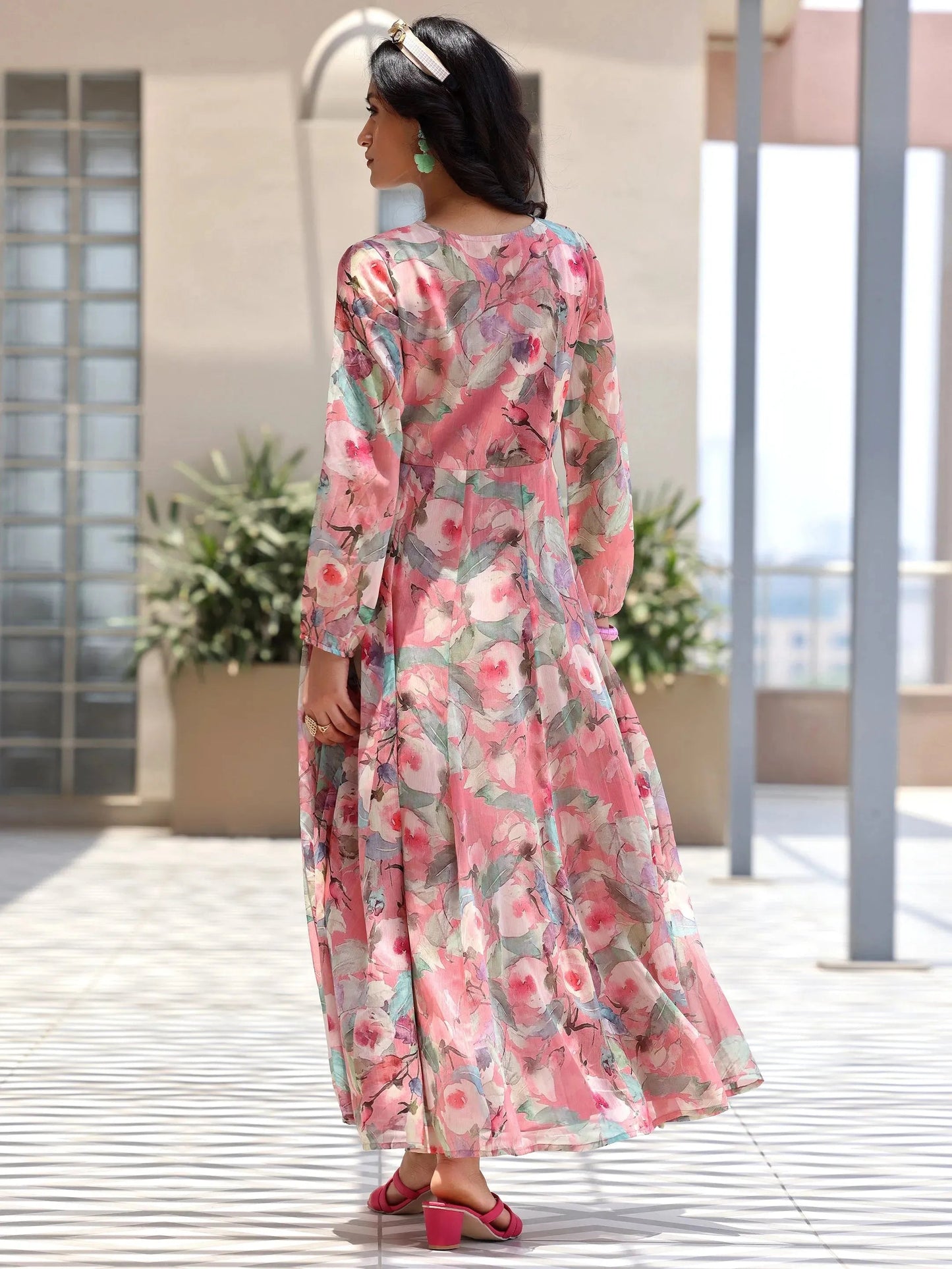 Pink Printed Chiffon A-Line Dress by My Store