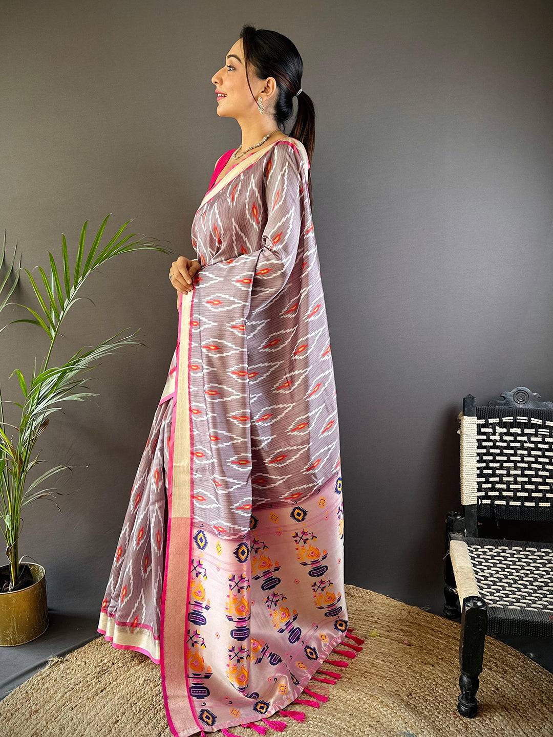 Light Mauve Ikkat Paithani Soft Silk Saree by My Store