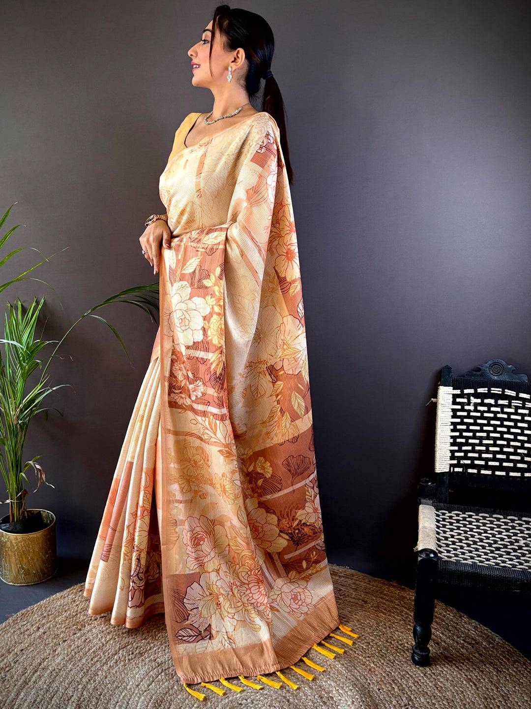 Mustard Tussar Floral Saree by My Store
