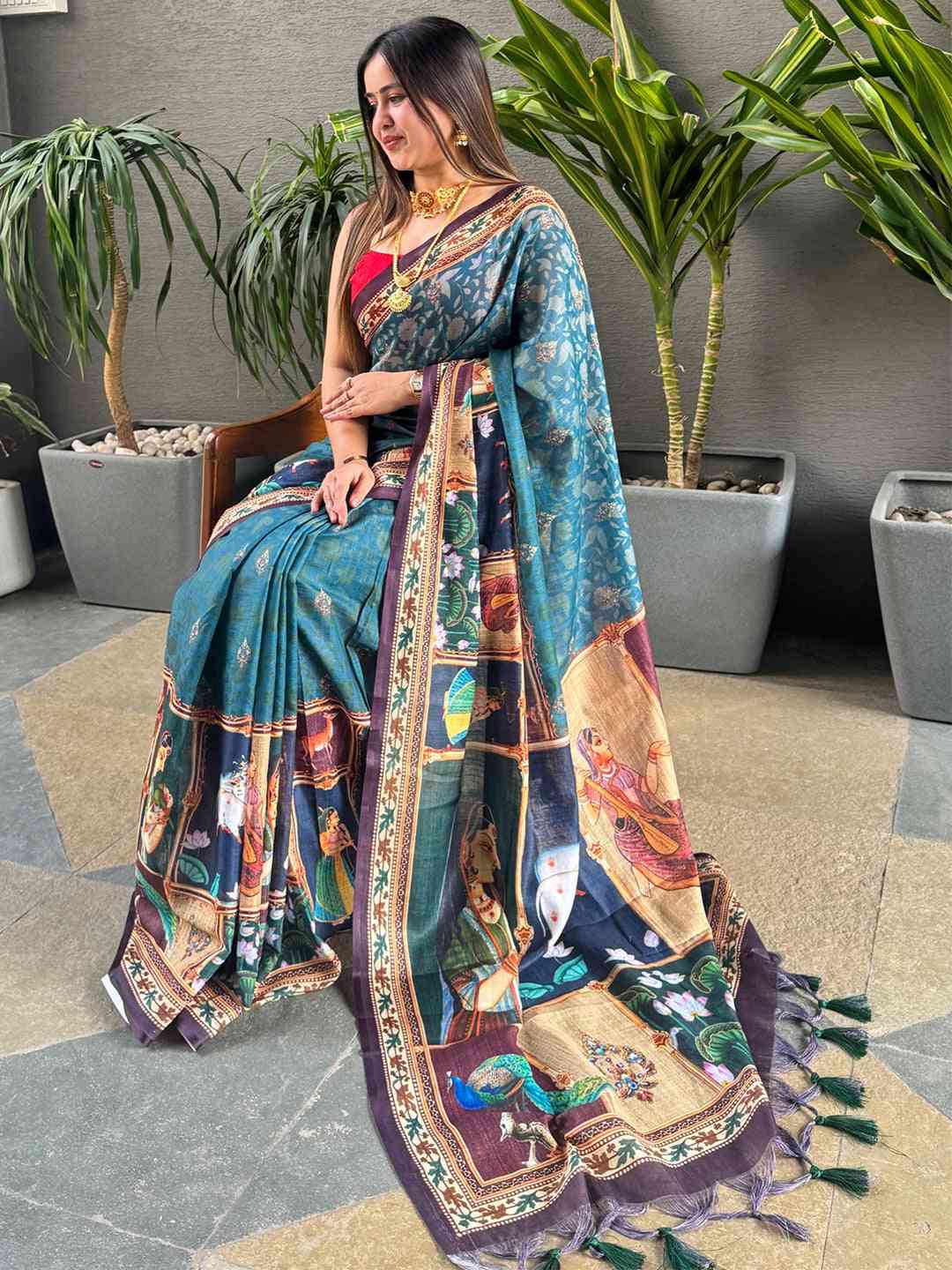 Firozi colour Linen Saree With Digital Print And Majestic Border by My Store