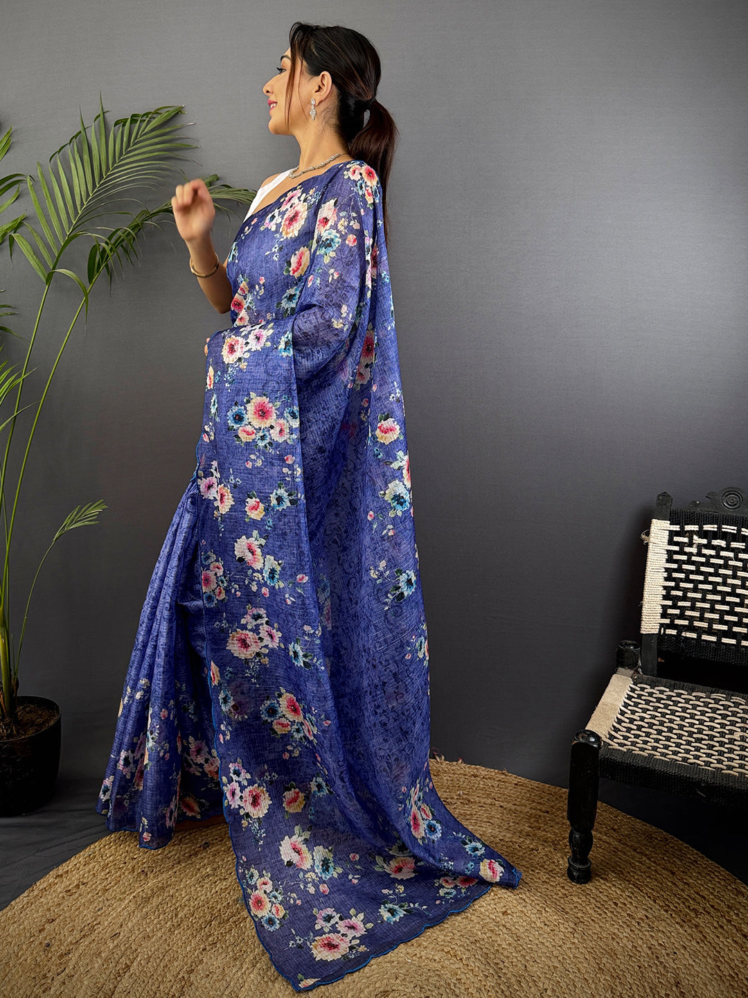 Royal Blue Kota Floral Digital Cut Work Saree by My Store