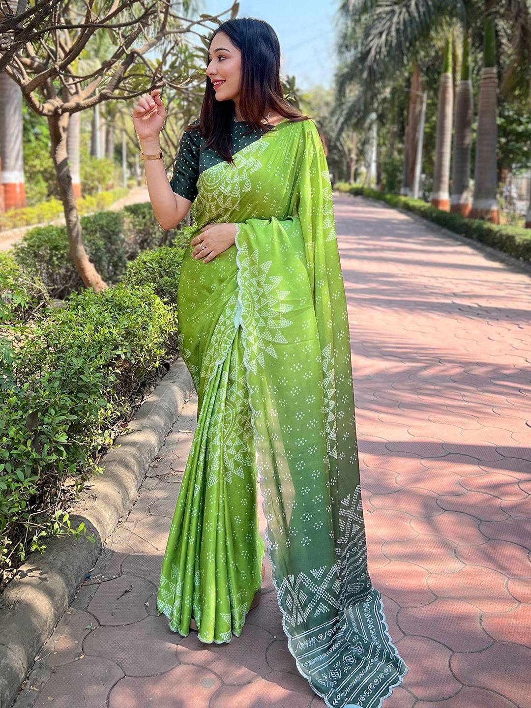 Green Georgette Silk Saree with Ombre Bandhej Print & Swaroski Stone Work by My Store
