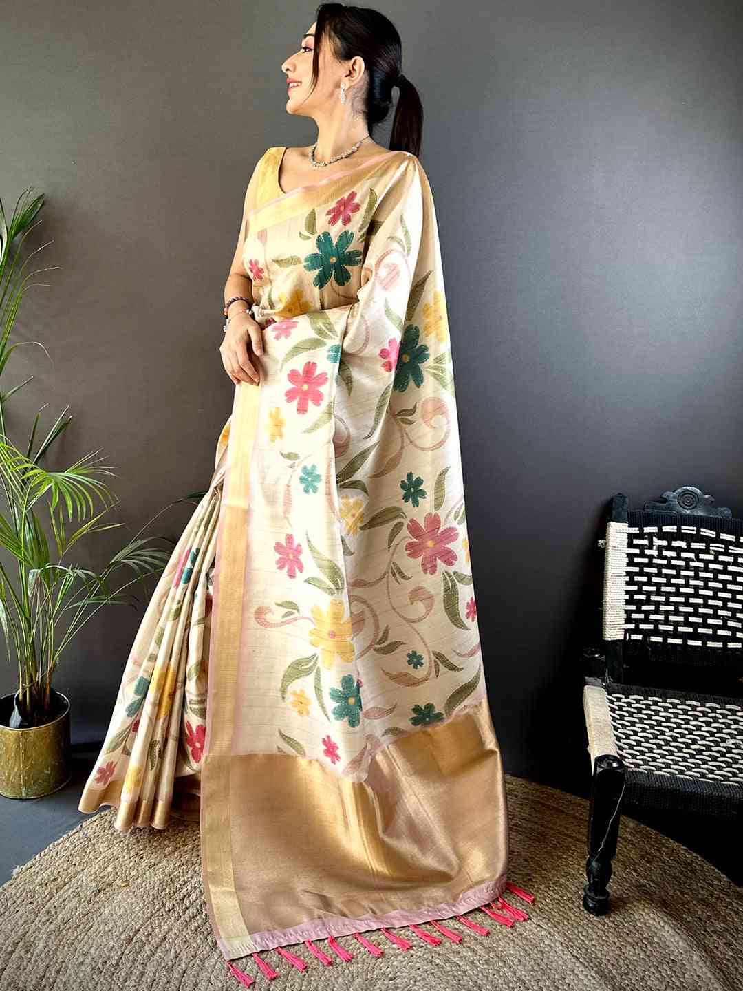 Light Cream Soft Silk Tissue Floral Print Saree by My Store