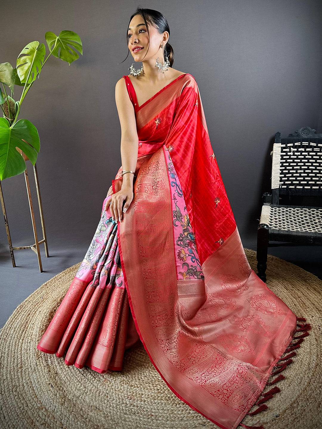 Blush Pink Charry Satin Floral Saree by My Store