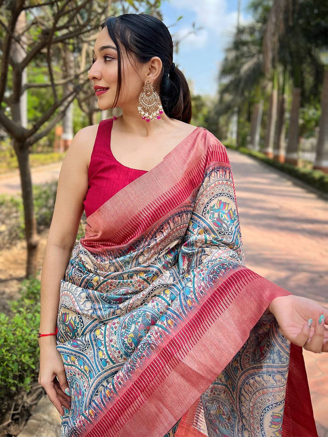 Latest Slub Tussar Silk Madhubani Kalamkari Block Print Saree by My Store