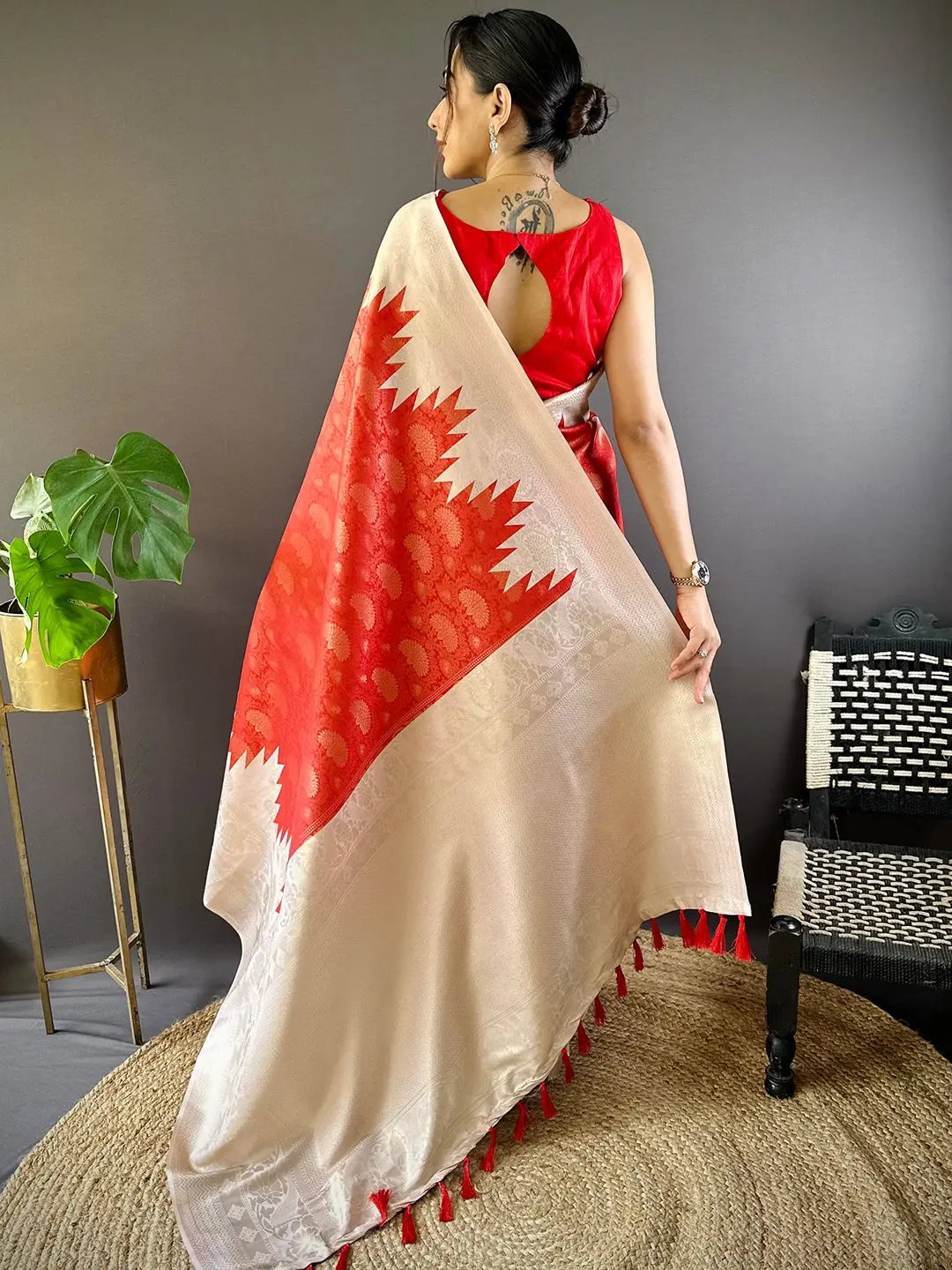 Red Ikkat Temple Soft Silk Saree by My Store