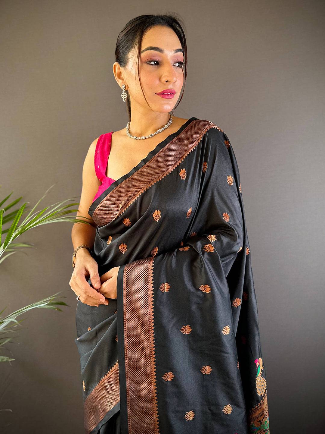 Copper Allure Soft Silk Black Saree by My Store