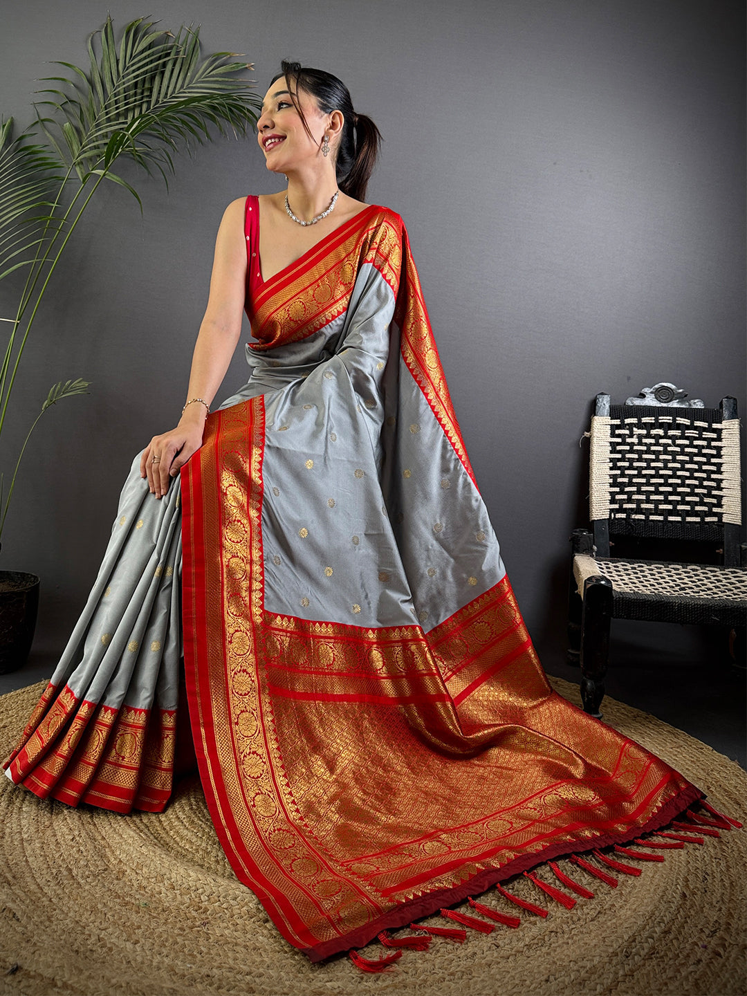 Regal Grey Gold Zari Butta Saree by My Store