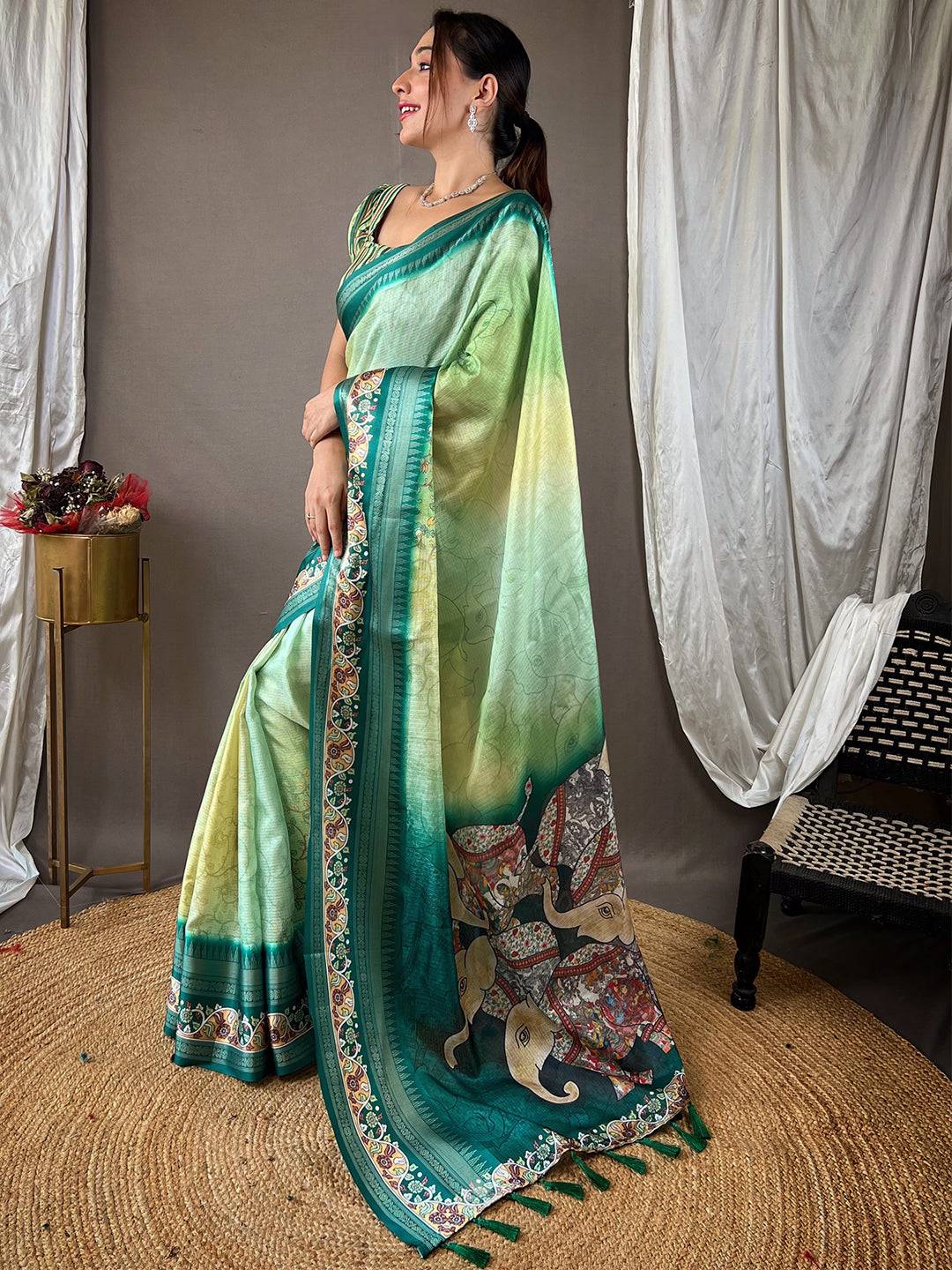 Emerald Green Kota Satin Border Saree by My Store