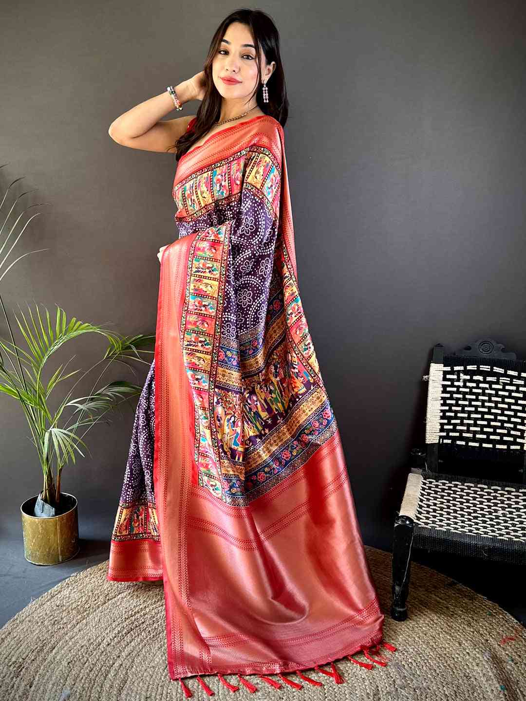 Purple Mughal Kalamkari Print Pashmina Saree by My Store