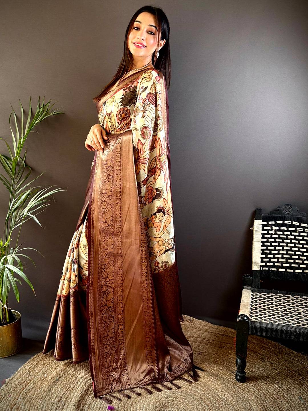 Regal Brown Soft Silk Saree With Pattu Zari Border by My Store