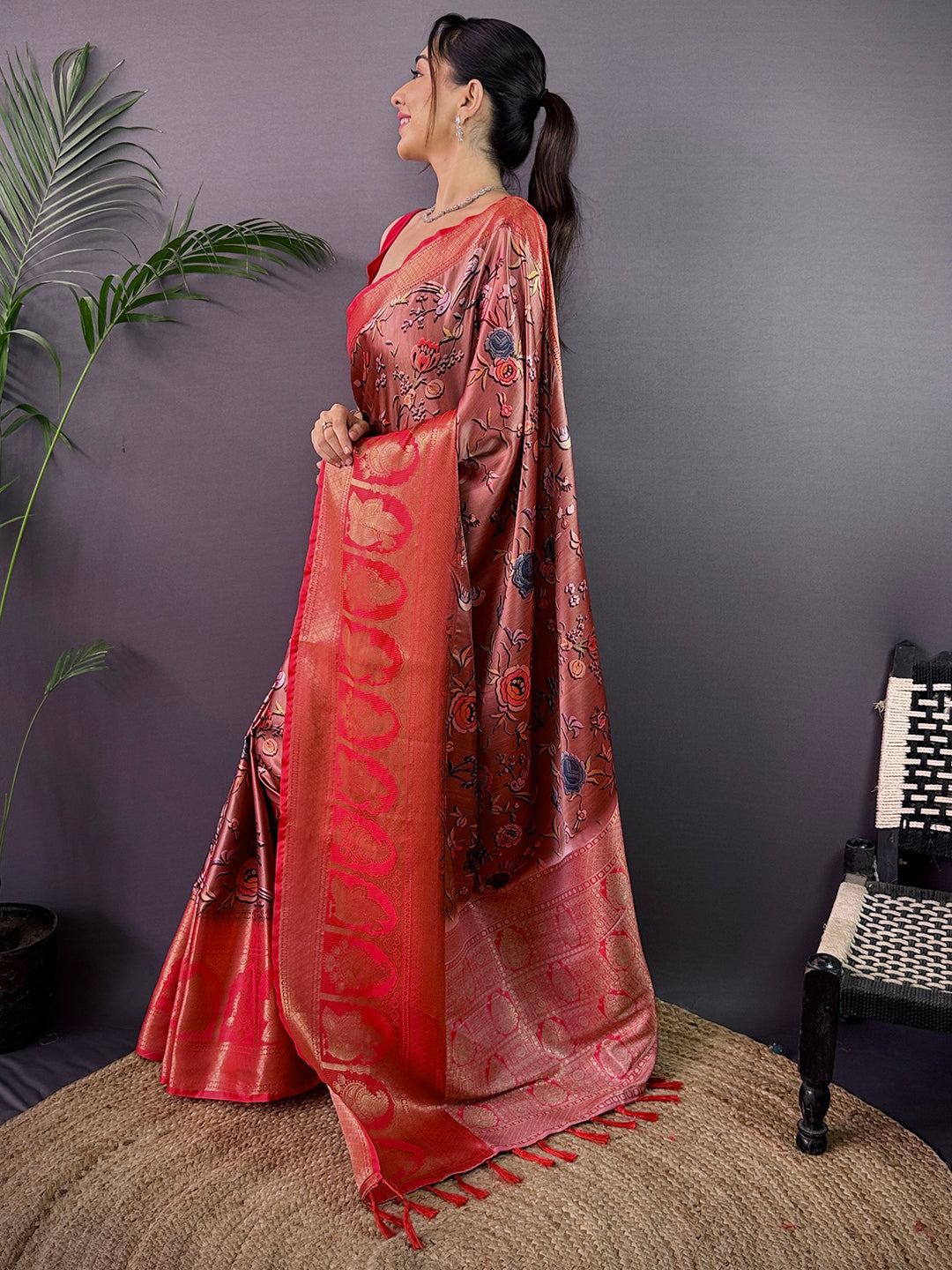 Ethereal Soft Cherry Satin Kalamkari Print Saree by My Store
