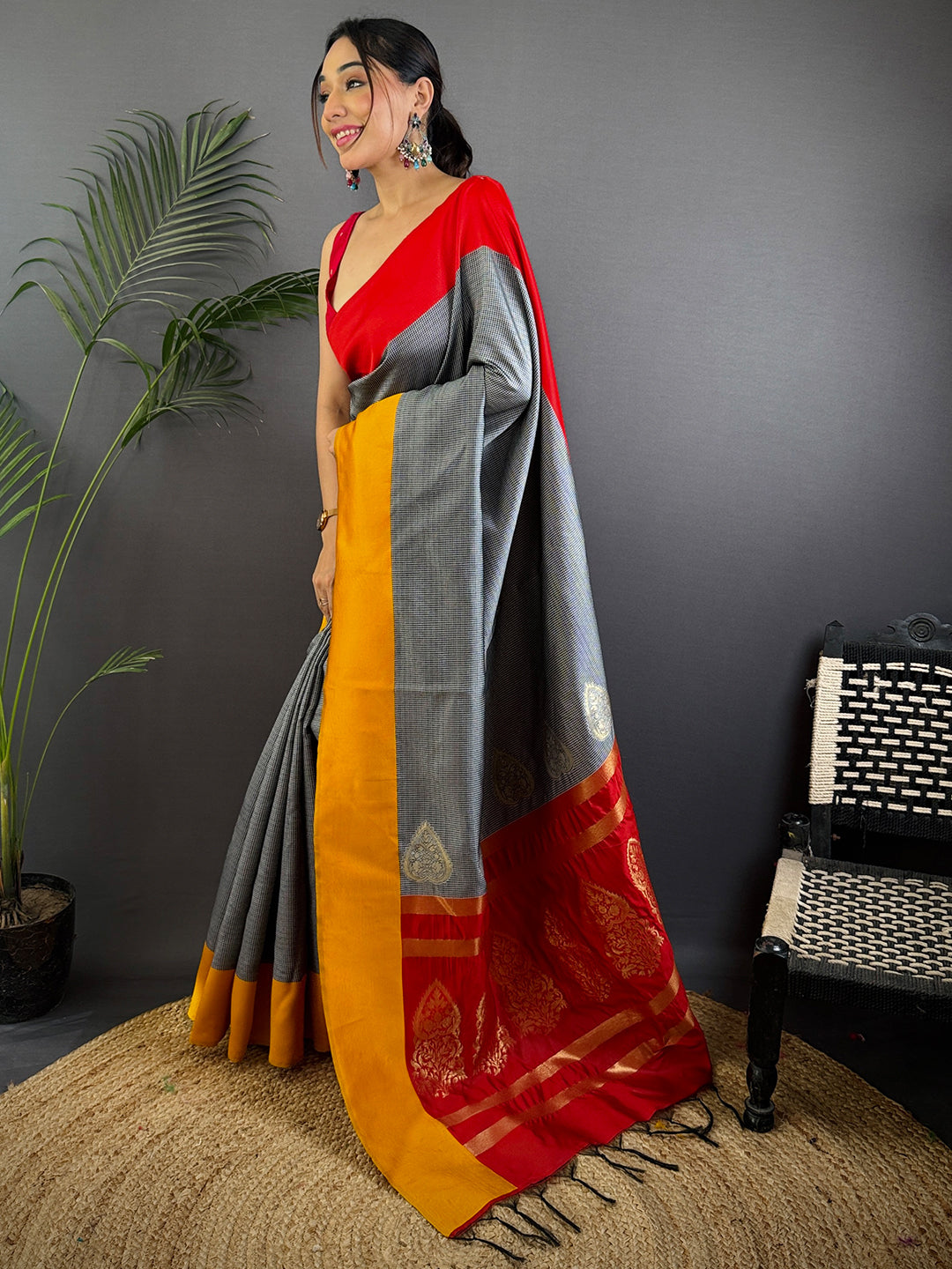 Grey Soft Katan Silk Banarasi Saree by My Store