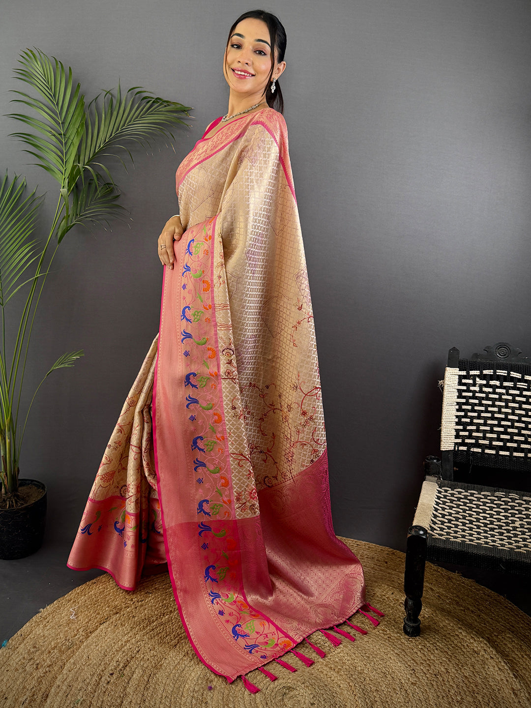 Ethereal Kora Muslin Floral Kalamkari Saree by My Store
