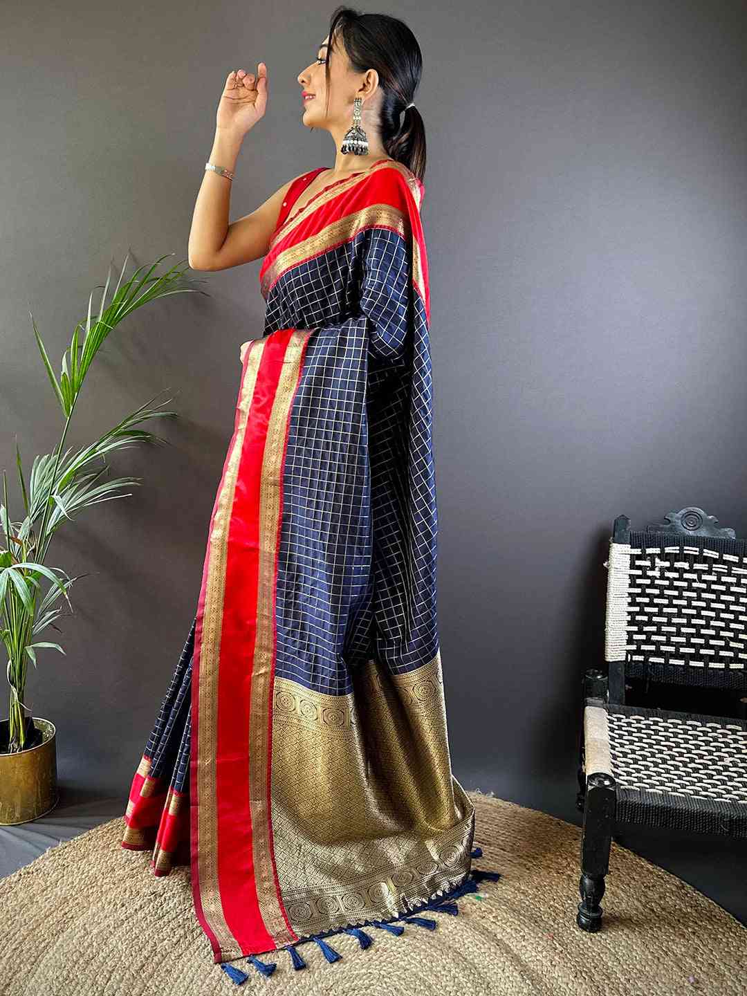 Navy Silk Woven Kanchi Banarasi Saree by My Store