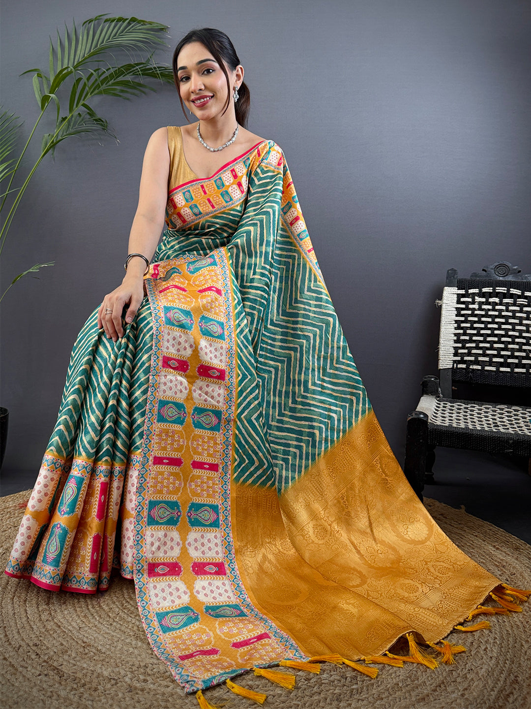 Teal Green Madhubani Print Soft Silk Saree by My Store