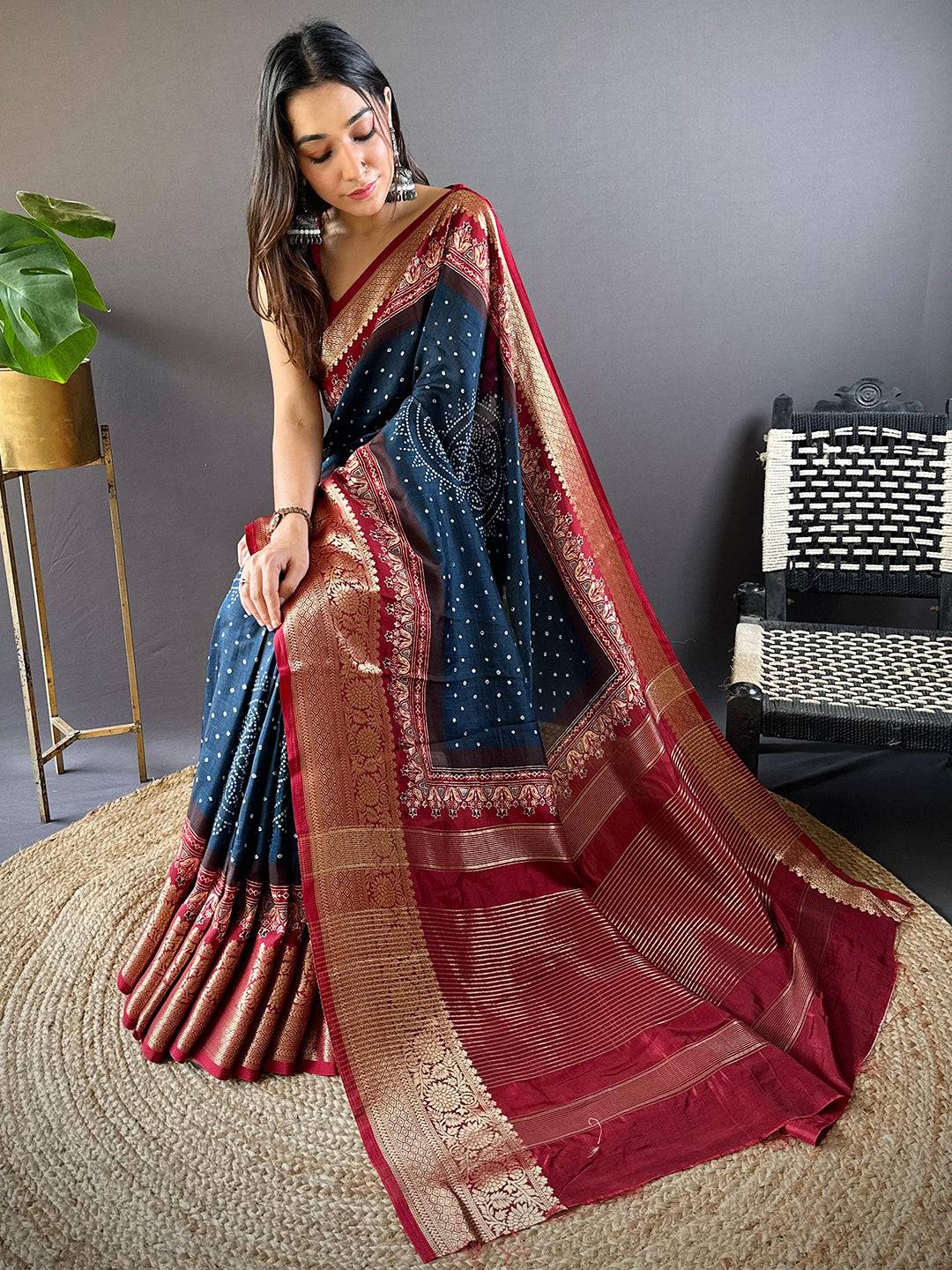 Blue Graceful Bandhej Silk Saree
