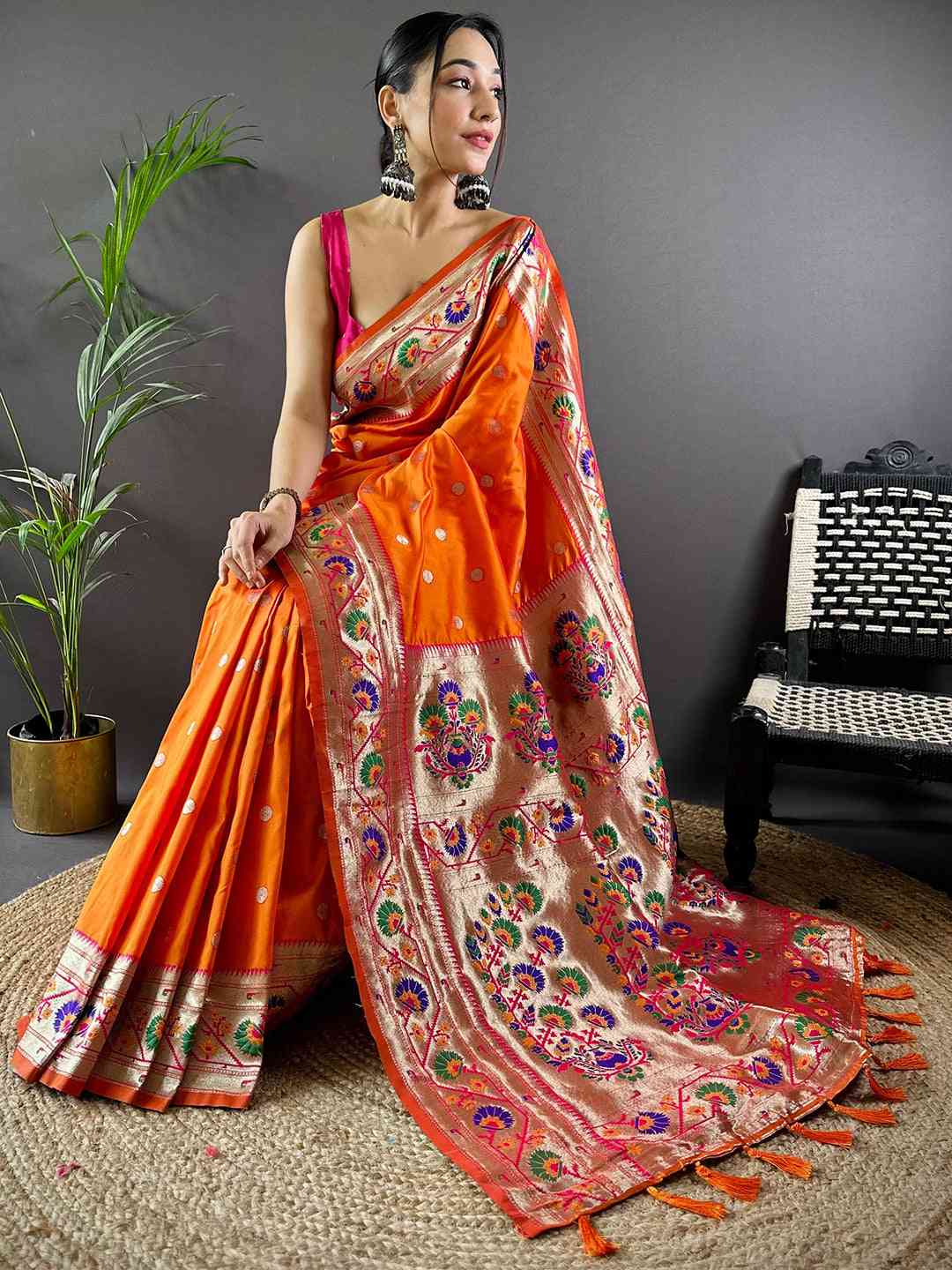 Orange Colour Yevla Paithani Soft Silk Saree by My Store