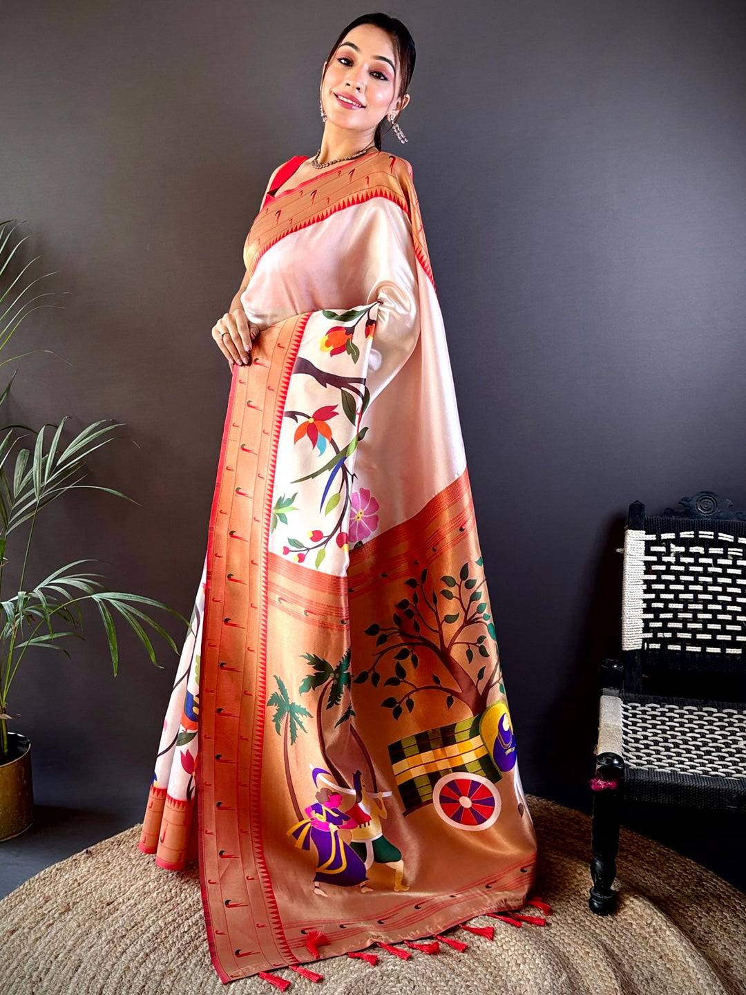 Snow White Minakari Soft Silk Saree by My Store