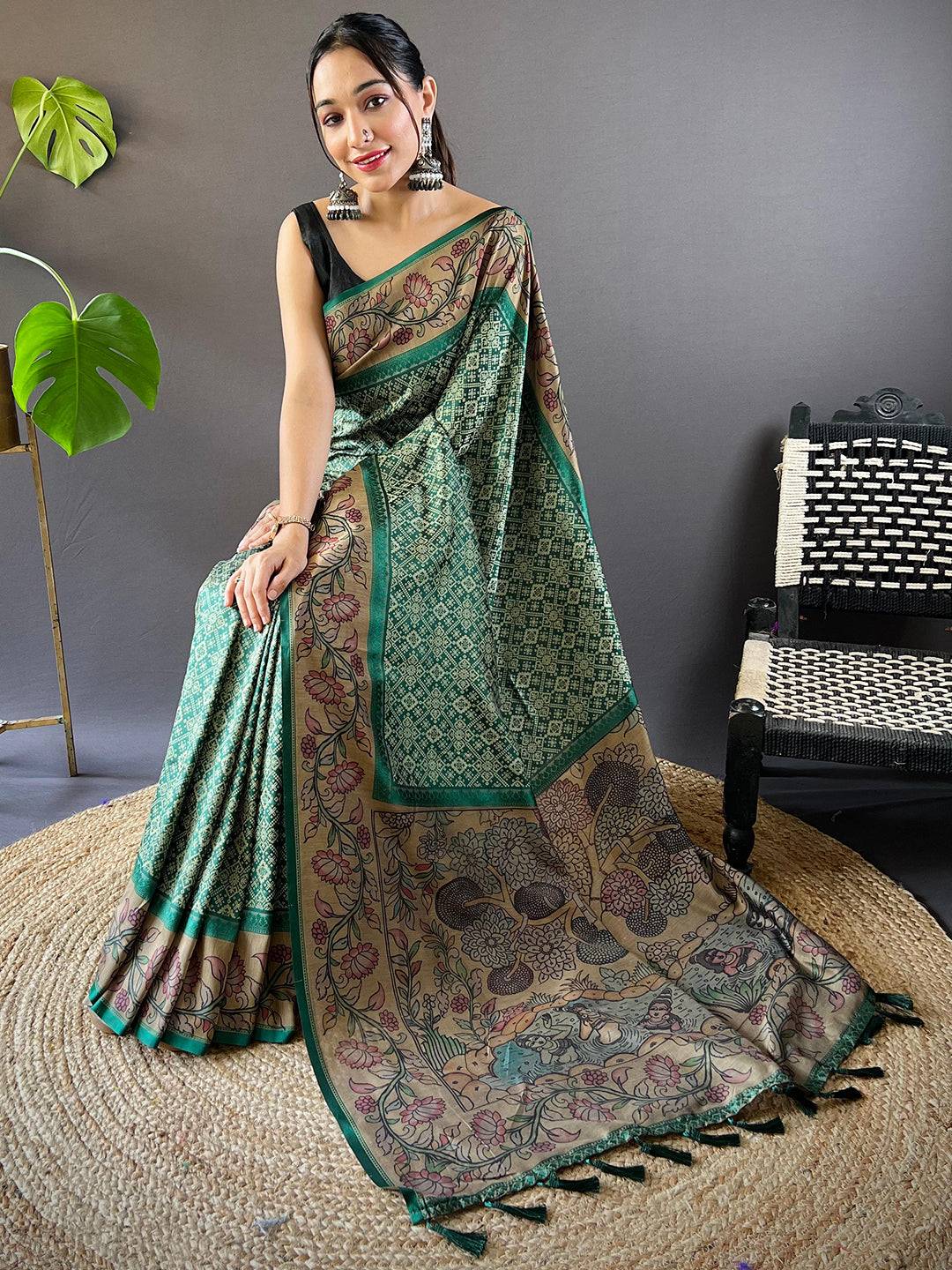 Rama Patola And Kalamkari Fusion Saree by My Store