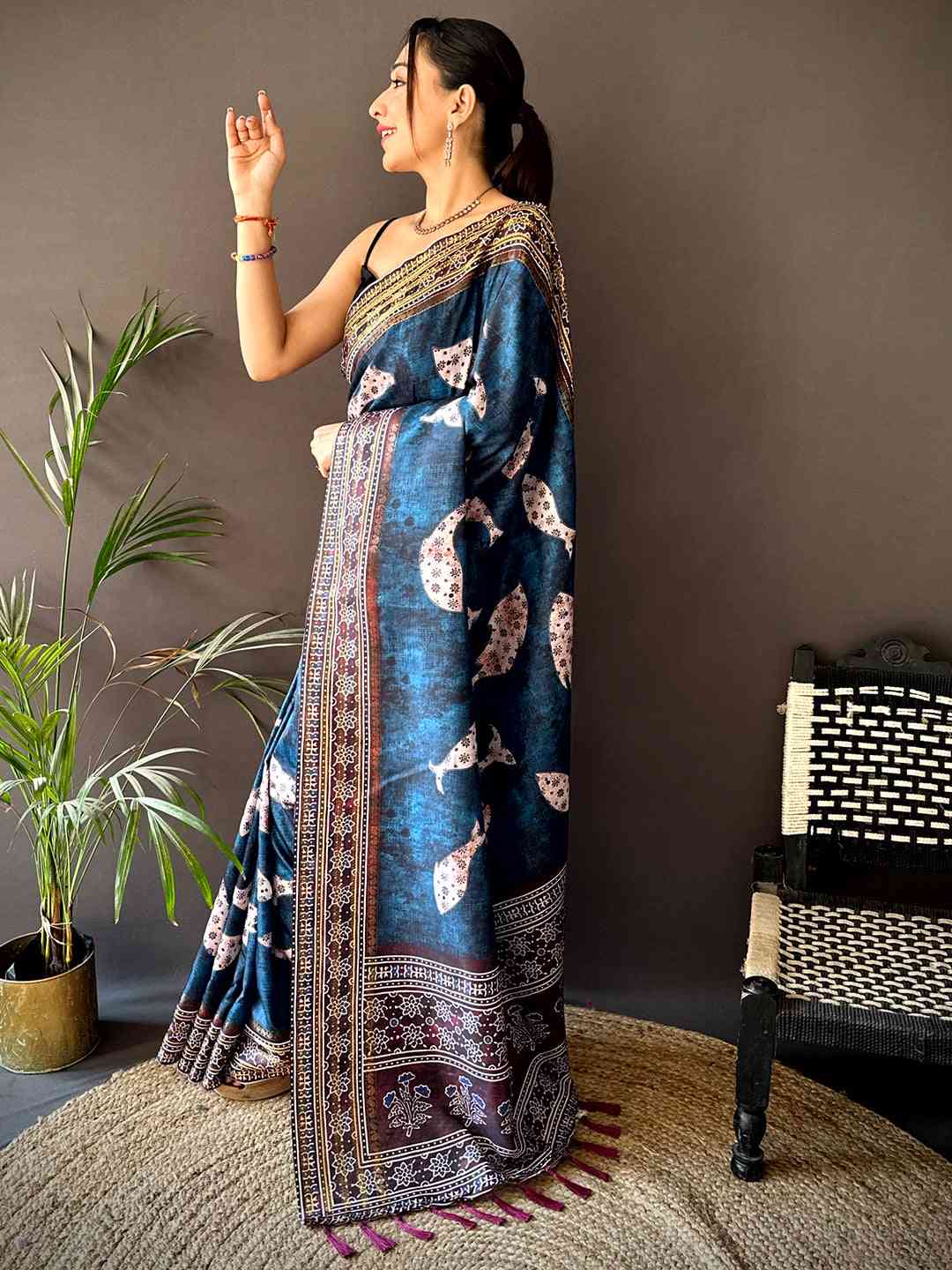 Dark Blue Soft Silk Fish Kalamkari Saree by My Store
