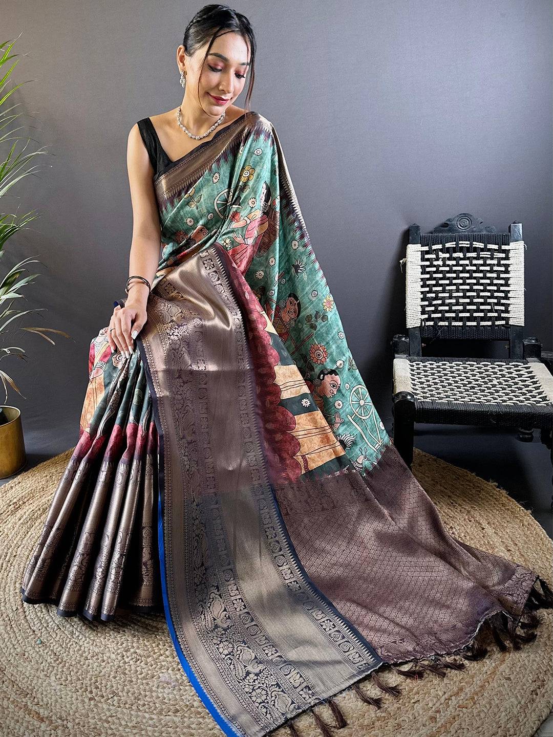 Intricate Rama Green Banarasi Silk Saree by My Store