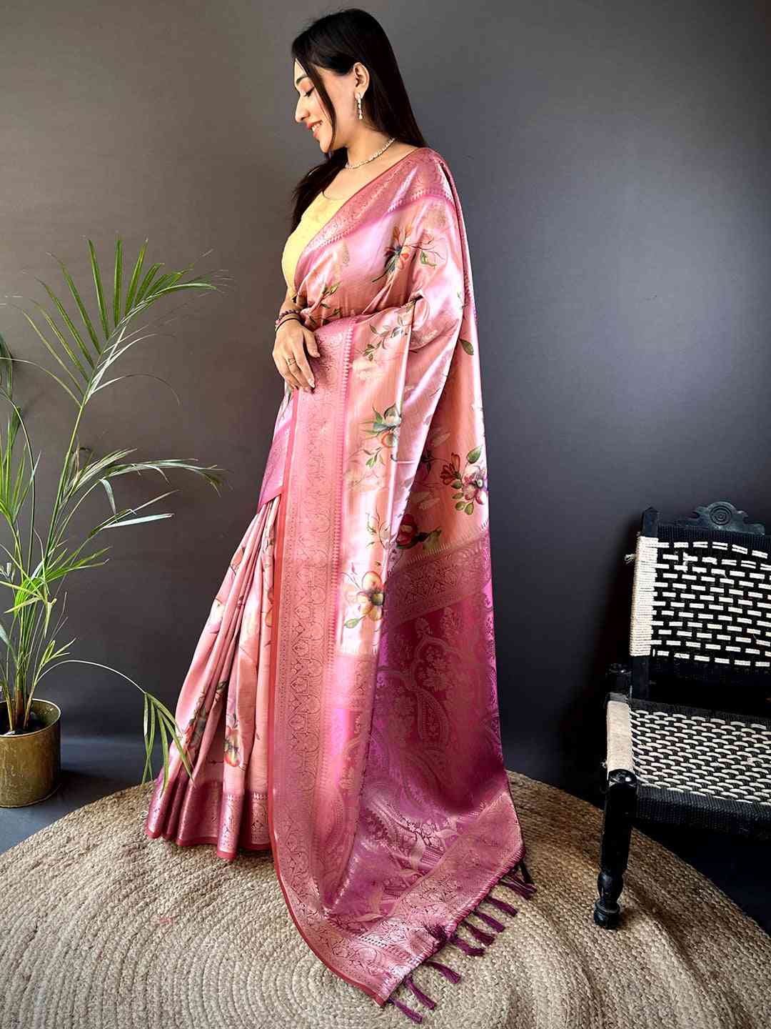 Pink Bamboo Silk Floral Saree by My Store