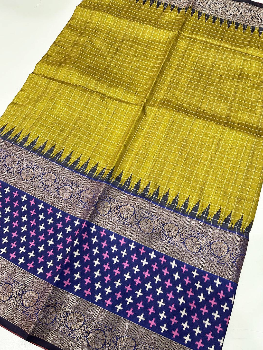 Green Chex Ikkat Saree With Double Border by My Store