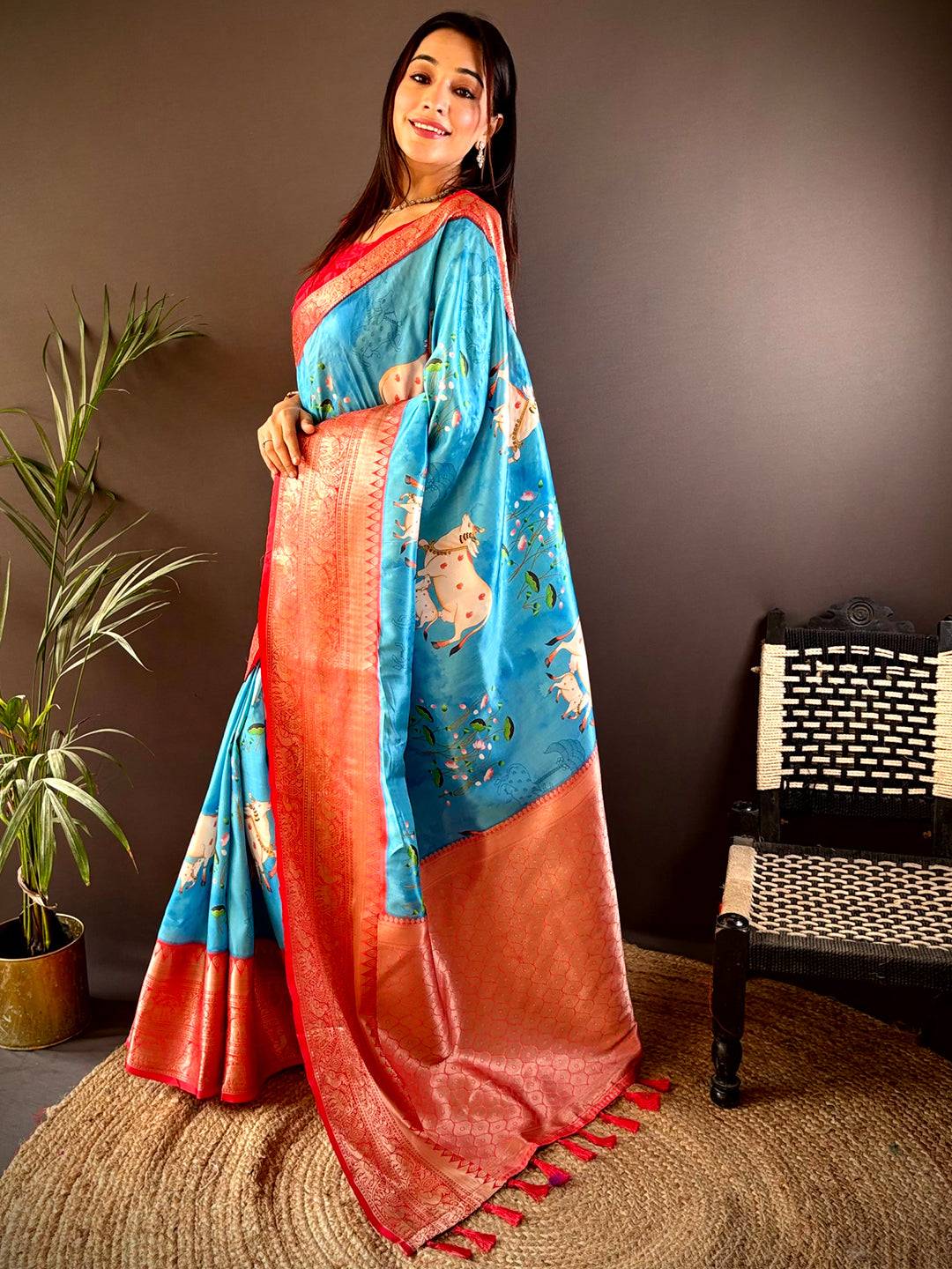 Blue Soft Silk Saree With Pichwai Kalamkari Print