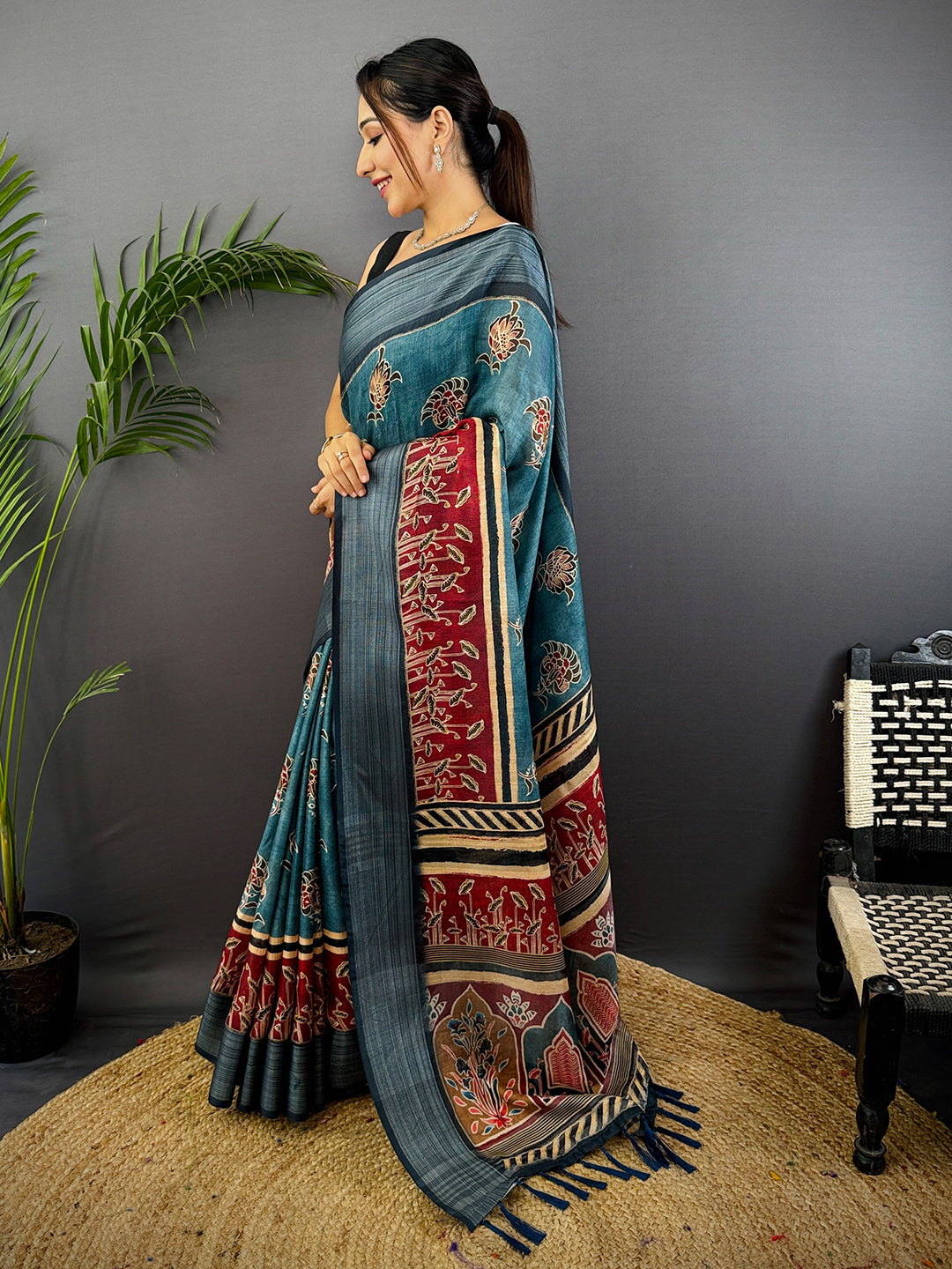 Teal Linen Block Kalamkari Print Saree by My Store
