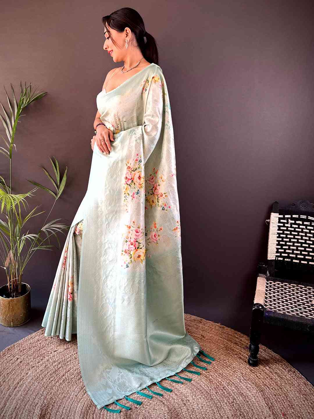 Ethereal Mint Kanjivaram Digital Silk Saree by My Store