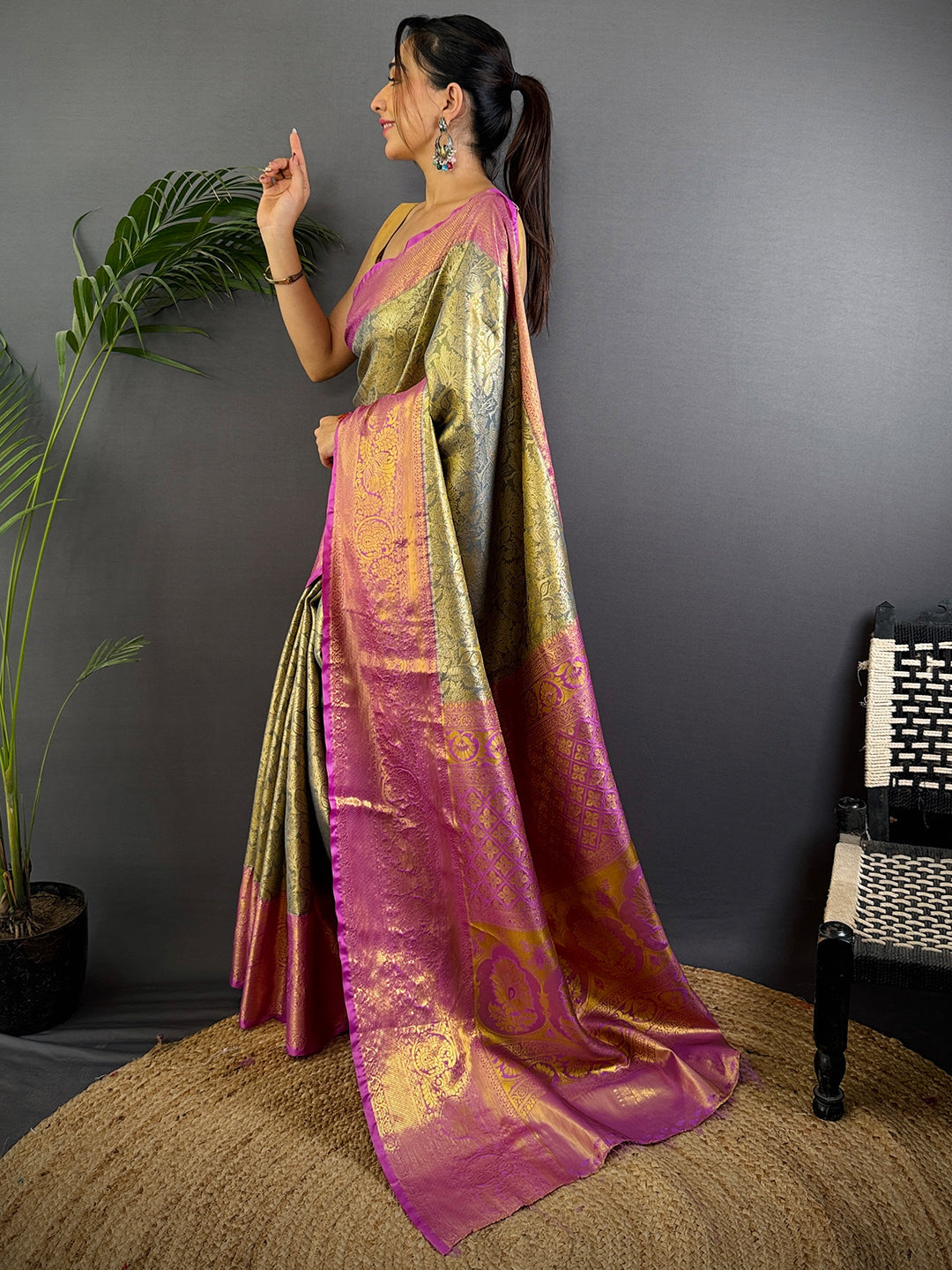 Grey Golden Threadwork Dharmavaram Saree by My Store