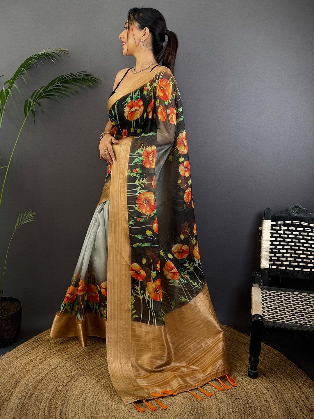 Black Soft Organza Digital Print Saree