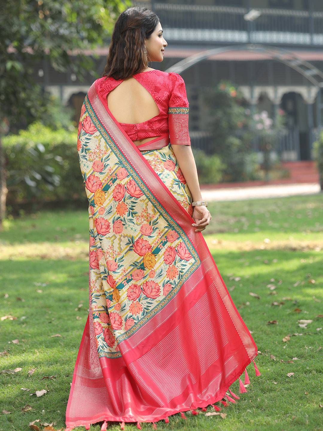 Yellow Colour Phulkari Design Zari Weaving Pallu Saree - Luxe