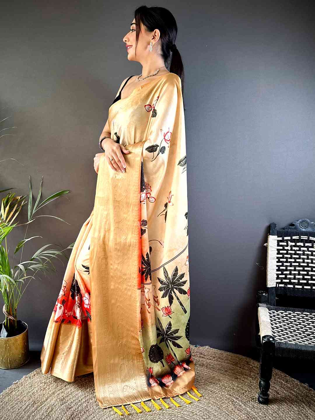 Sunlit Yellow Pichwai Print Soft Silk Saree by My Store