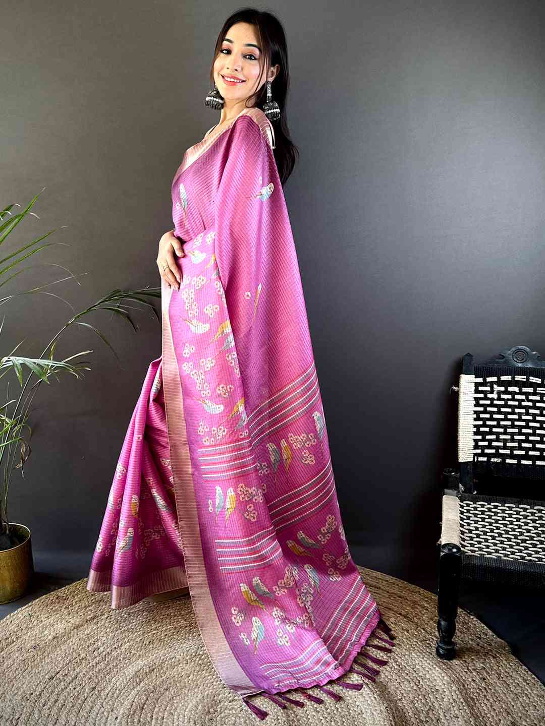 Pink Chanderi Check Sparrow Print Saree by My Store