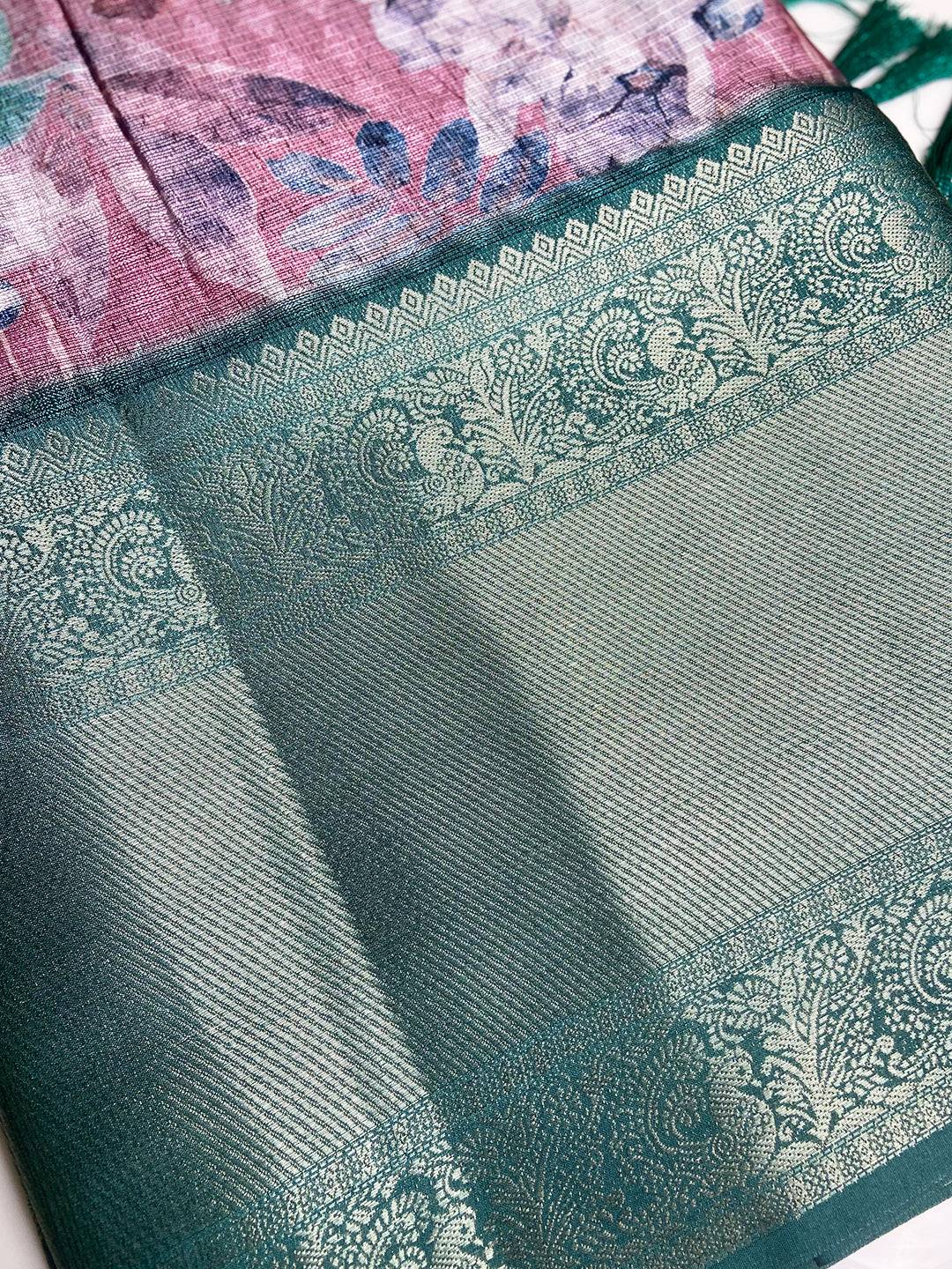 Dark Pink Kota Doriya Saree With Kanjivaram Gold Zari Border by My Store