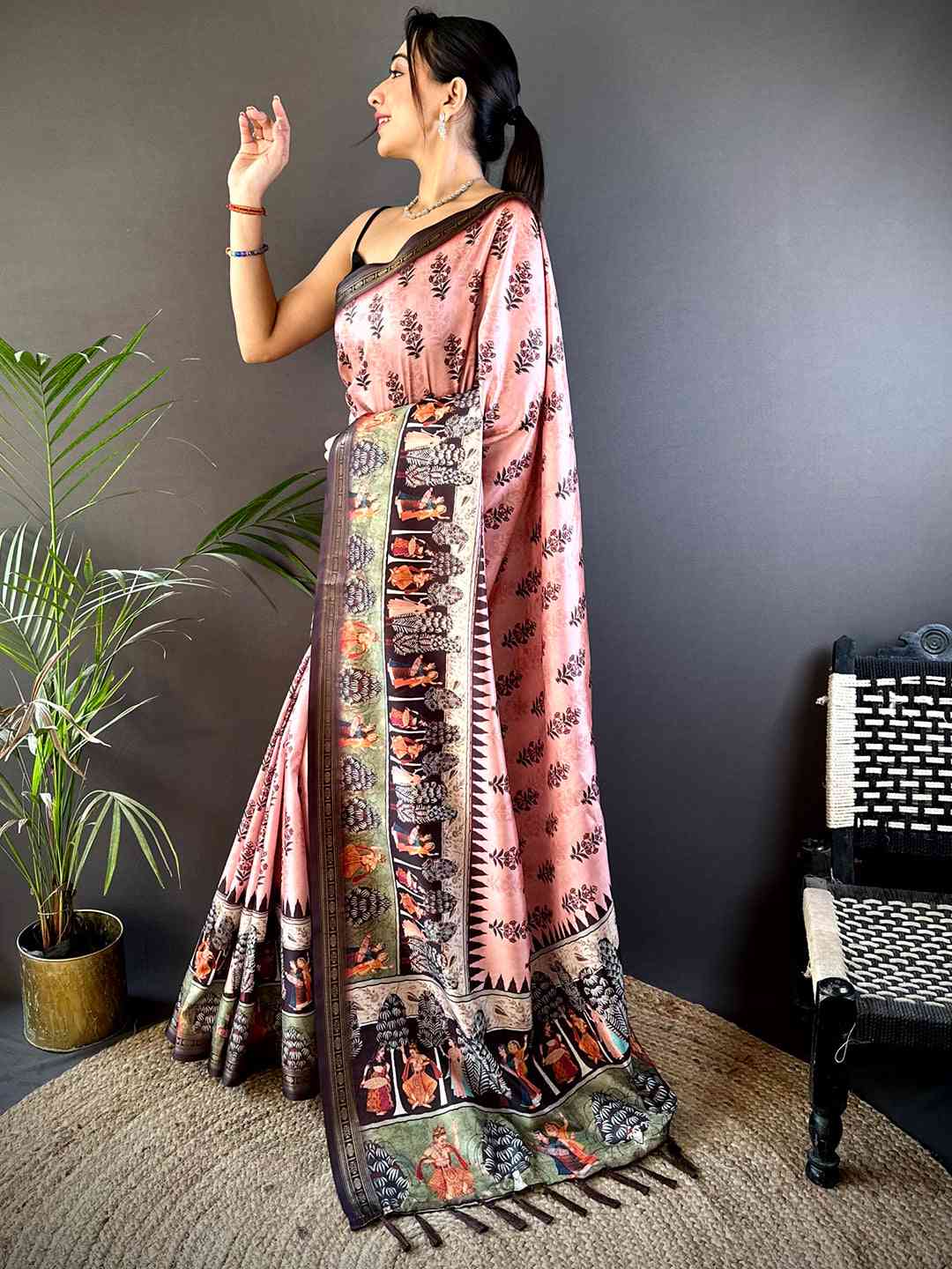 Pink Soft Silk Bird Kalamkari Print Saree by My Store