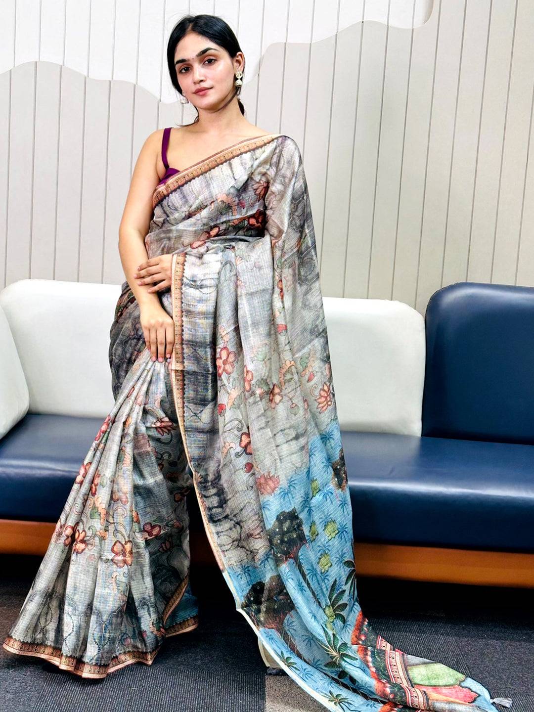 Grey Kota Doriya Silk Saree With Floral Print by My Store