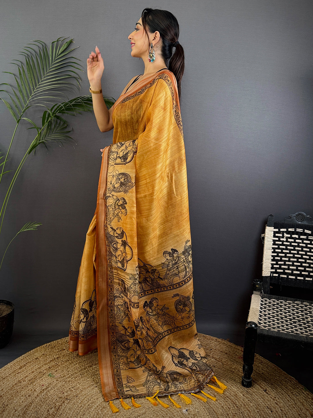 Mustard Linen Kalamkari Printed Saree by My Store
