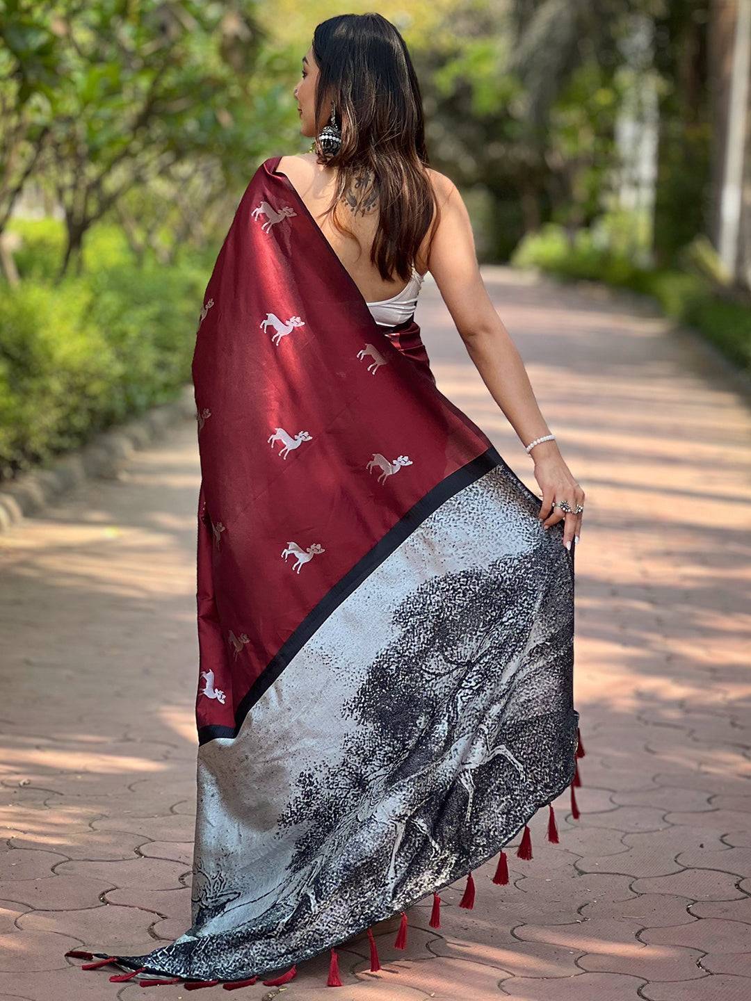 Maroon Soft Silk Saree With Postar Weaving Zari Pallu