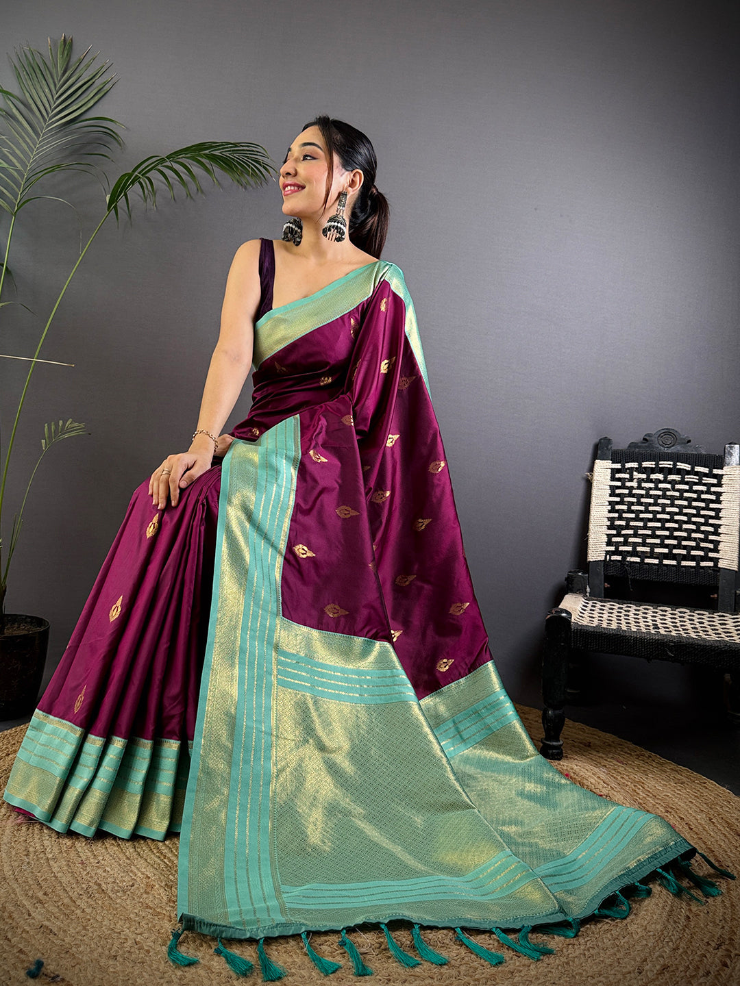 Royal Wine Soft Silk Tilak Butti Saree by My Store