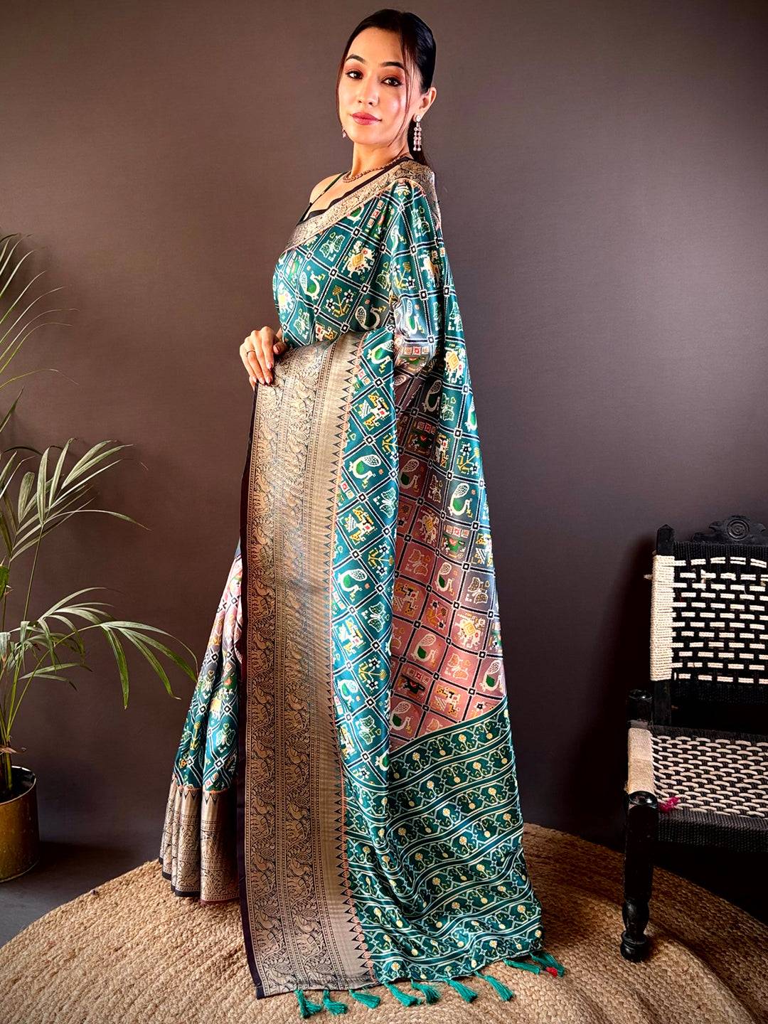 Ombre Rama Soft Silk Patola Print Saree