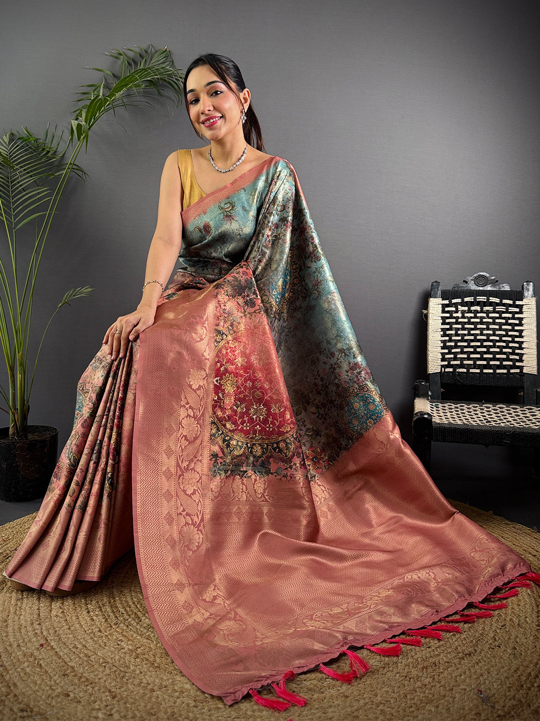 Regal Blue Kanjivaram Silk Digital Print Saree by My Store