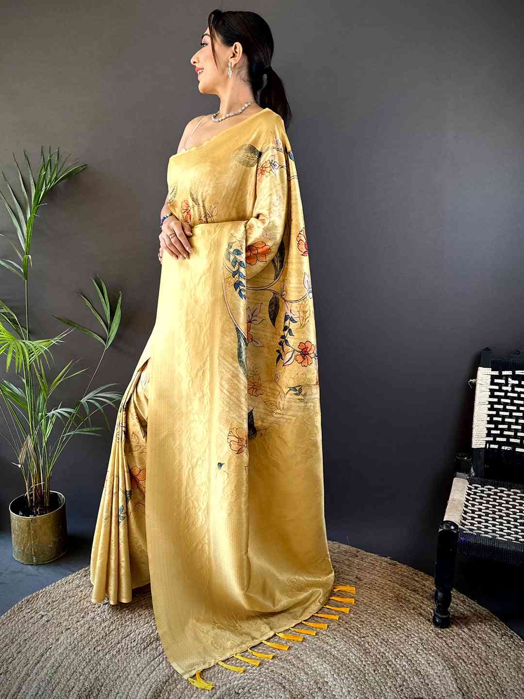 Mustard Kanjivaram Digital Silk Saree by My Store