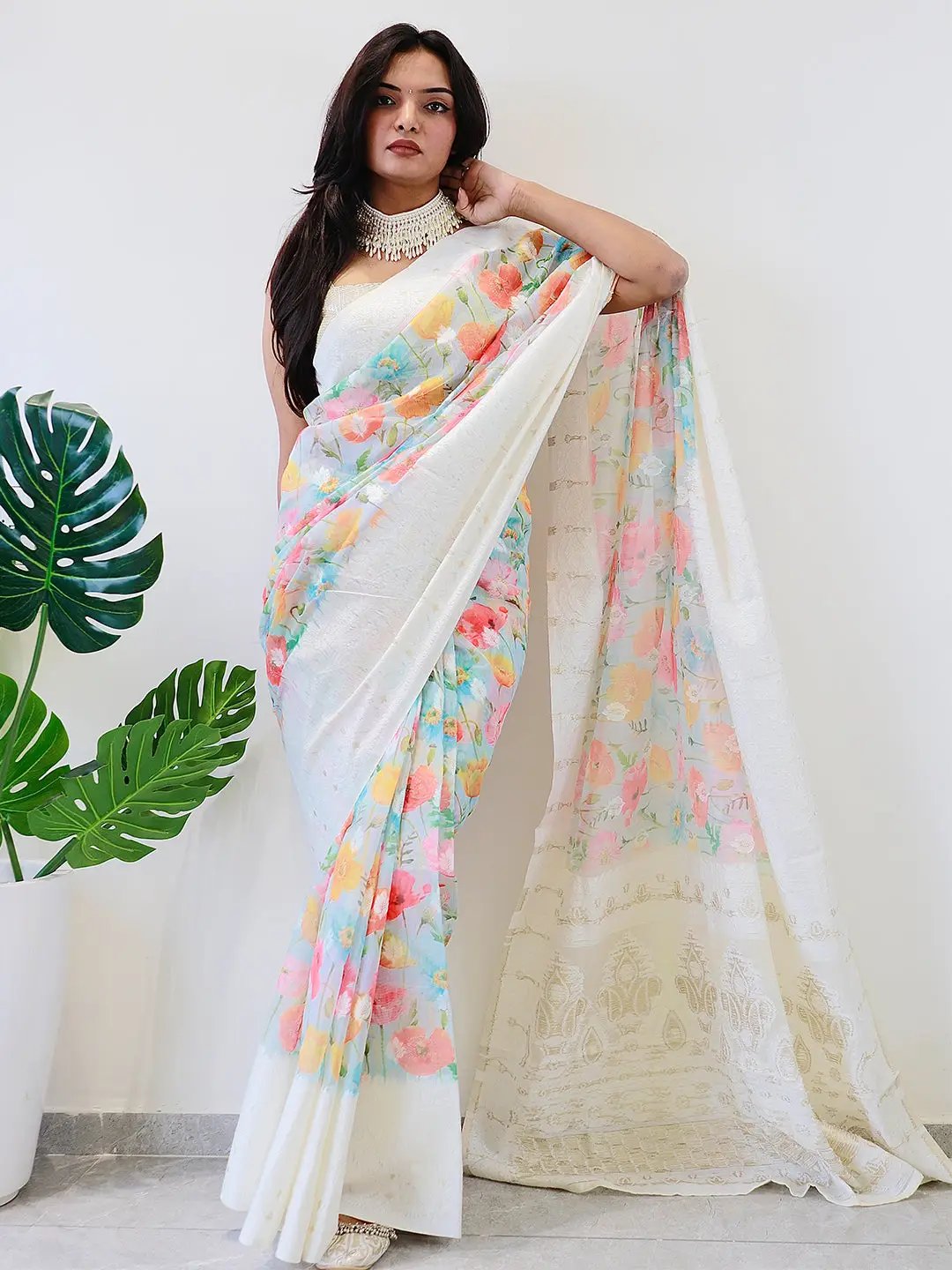 Multi Colour Digital Print Bollywood Saree in Lakhnavi Slub Pattern by My Store