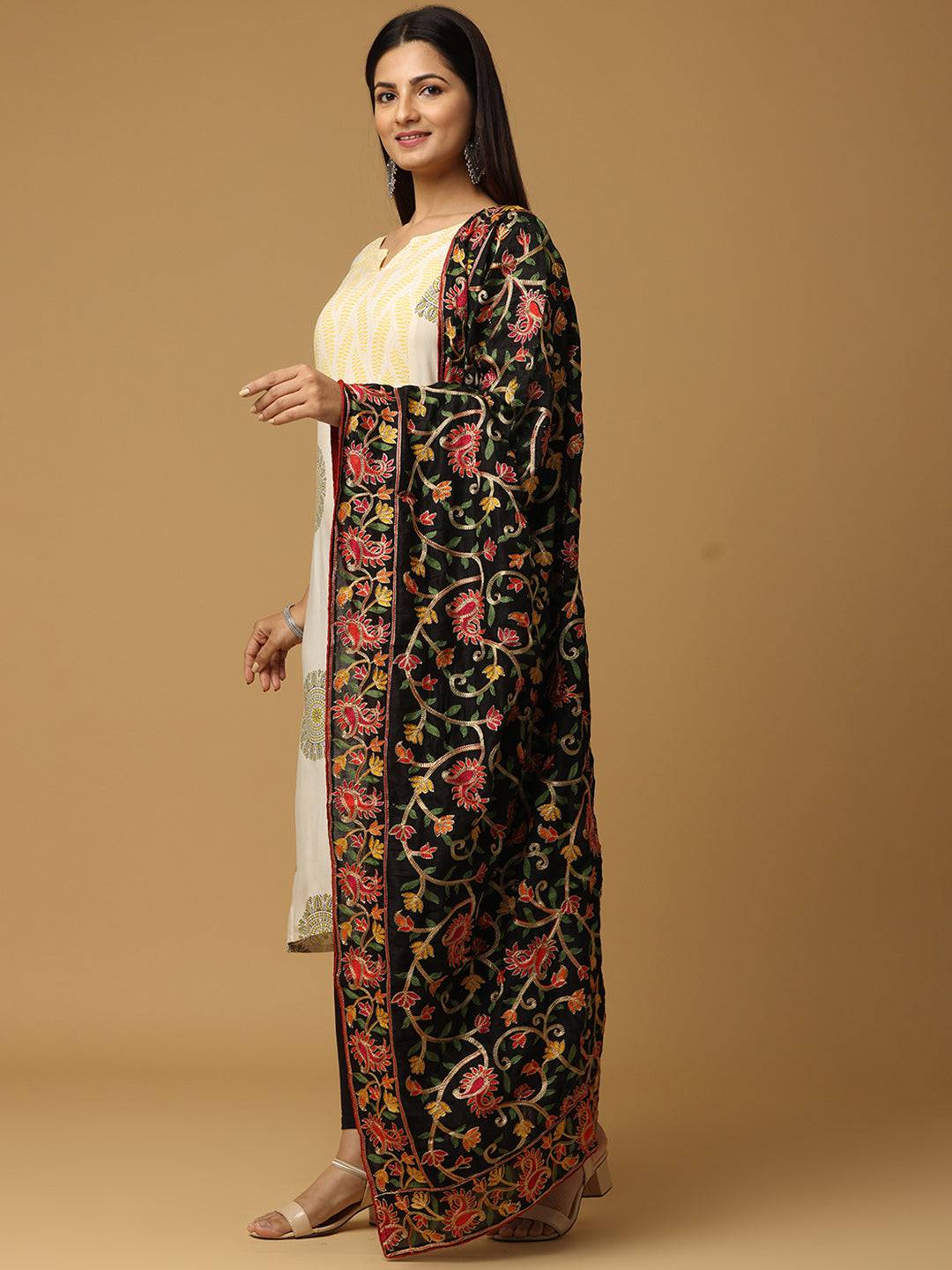 Latest Black Poly Chiffon Pashmina Threadwork Dupatta by My Store