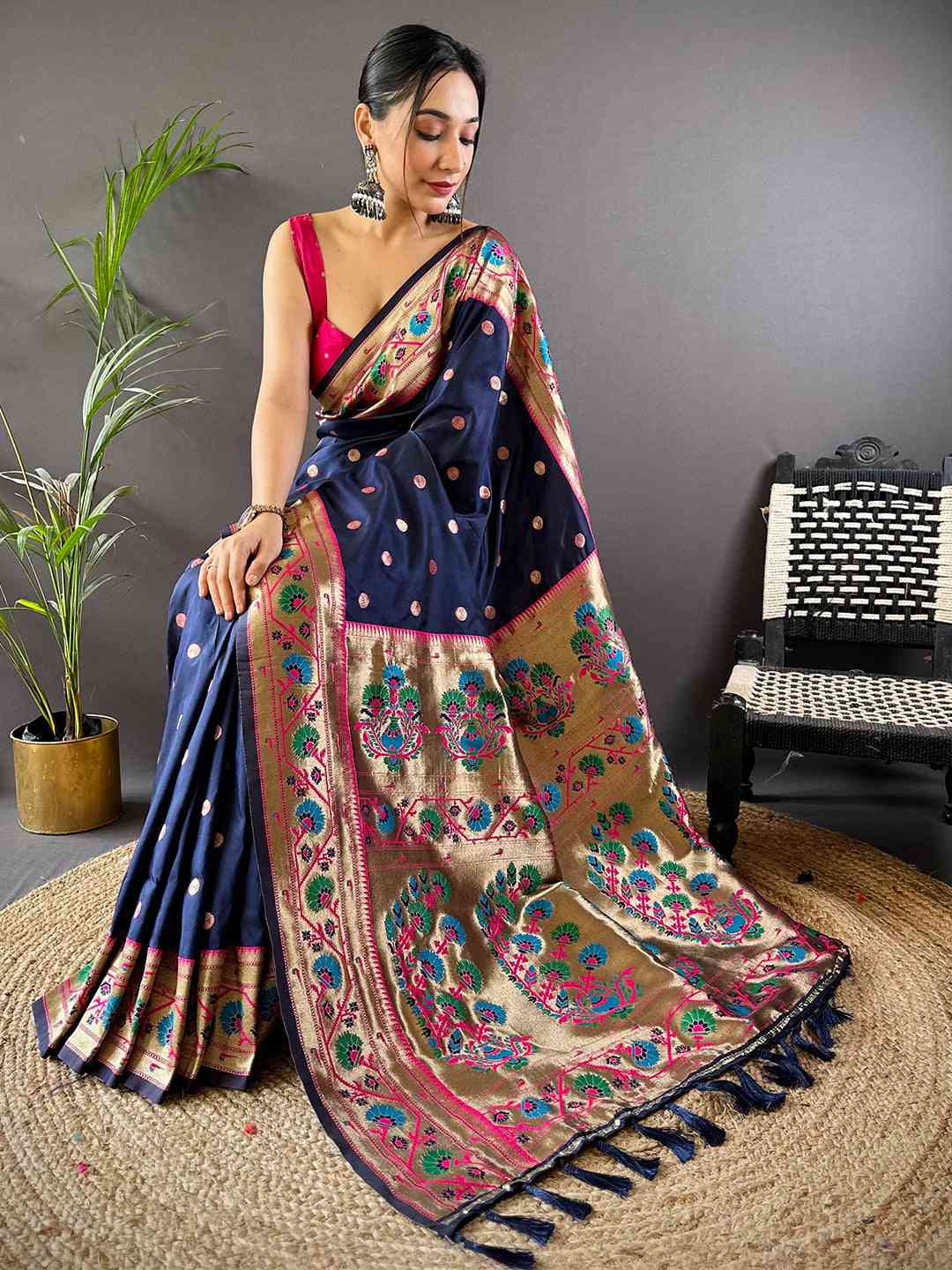 Navy Colour Yevla Paithani Soft Silk Saree by My Store